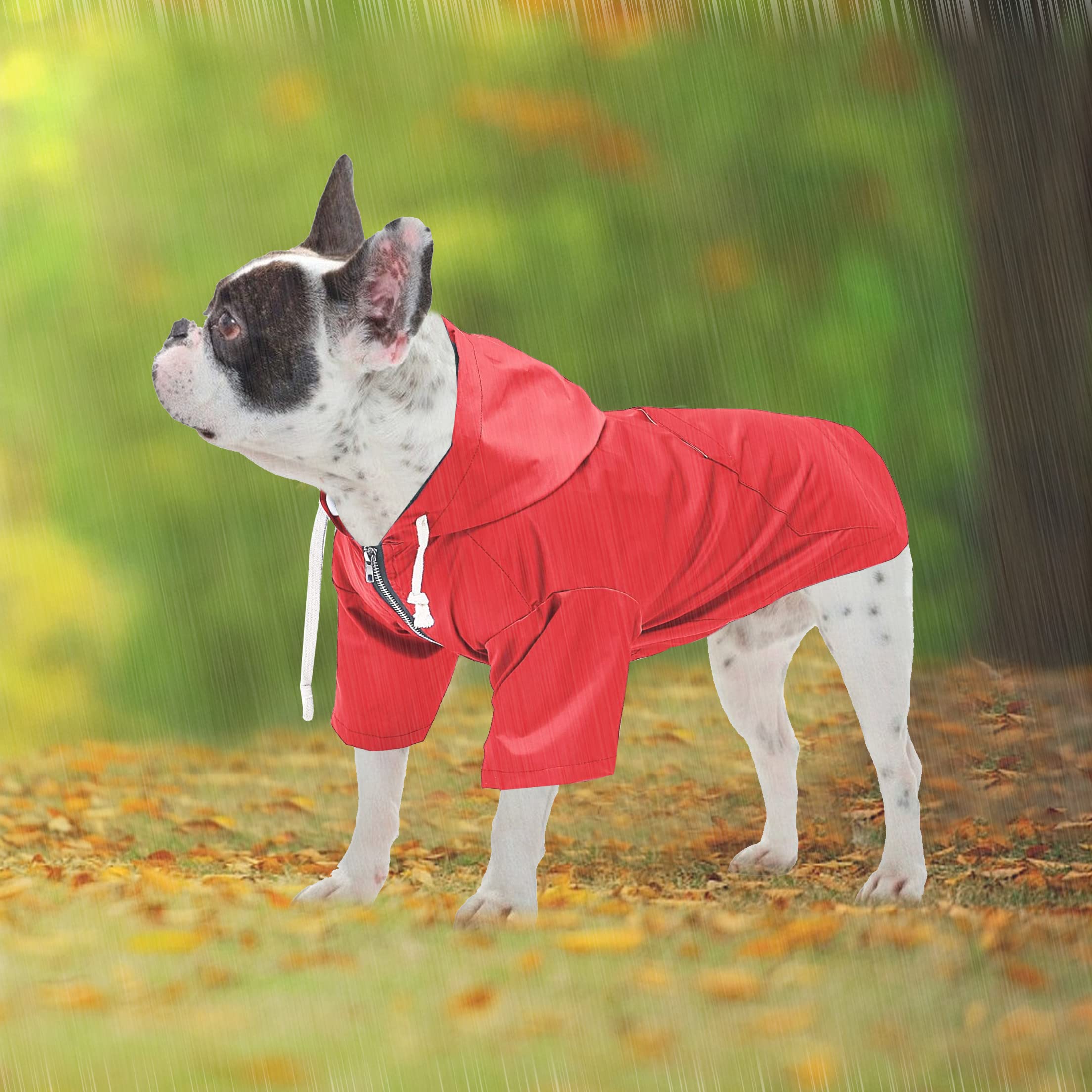 Pethiy - Elegante Chubasquero para perros – Impermeable para perro pequeños y medianos con sombrero y cremallera ,con botones reflectantes, bolsillos, resistente a la lluvia y al agua-Rojo-S