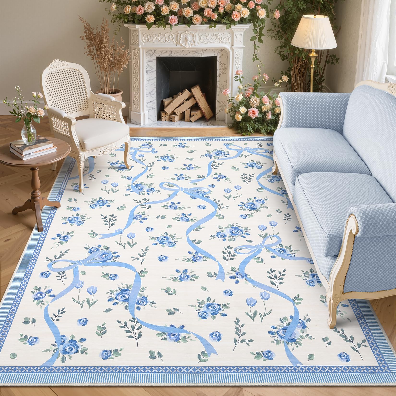 GarveeHome Floral Bow Rugs for Bedroom Girls, 5x7 Area Rugs for Living Room with Soft Low Pile, Non Slip Blue and White Washable Rug 5x7 for Nursery