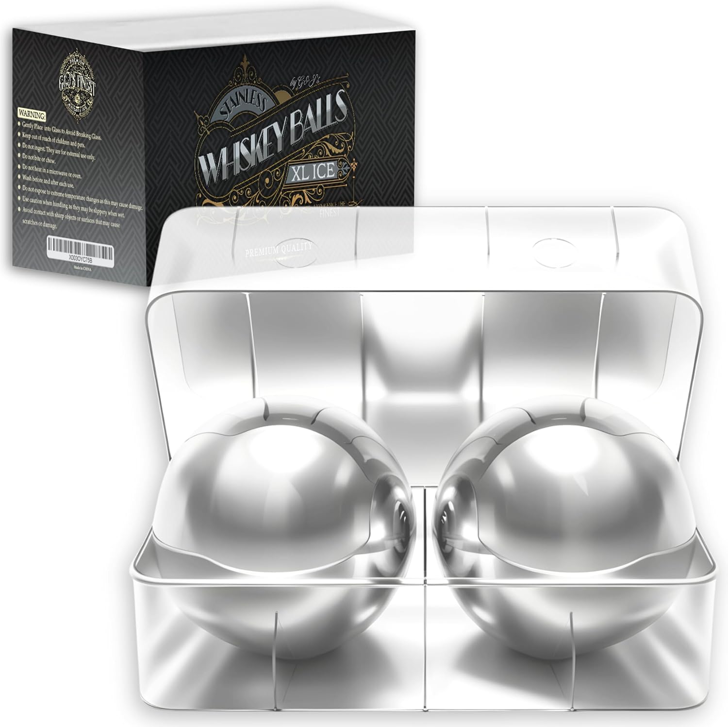 4 Premium XXL 55mm Stainless Steel Ice Whiskey Balls with Freezer Tray| Whiskey Rocks, Chilling Stones, Whiskey Stone Ice Cube Balls, Round Chilling Spheres (Not Solid Steel)