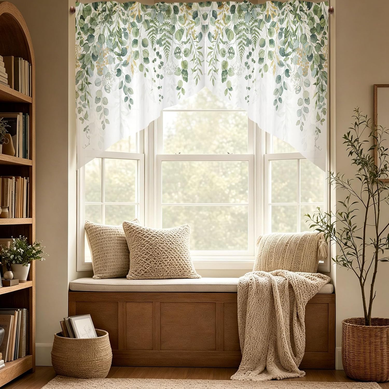 Eucalyptus Swag Curtains Watercolour Leaves Short Valances for Window Rod Pocket Semi Sheer Window Topper Home Decor for Living Room Kitchen Bathroom Bedroom Windows 36x36in 1 Pair