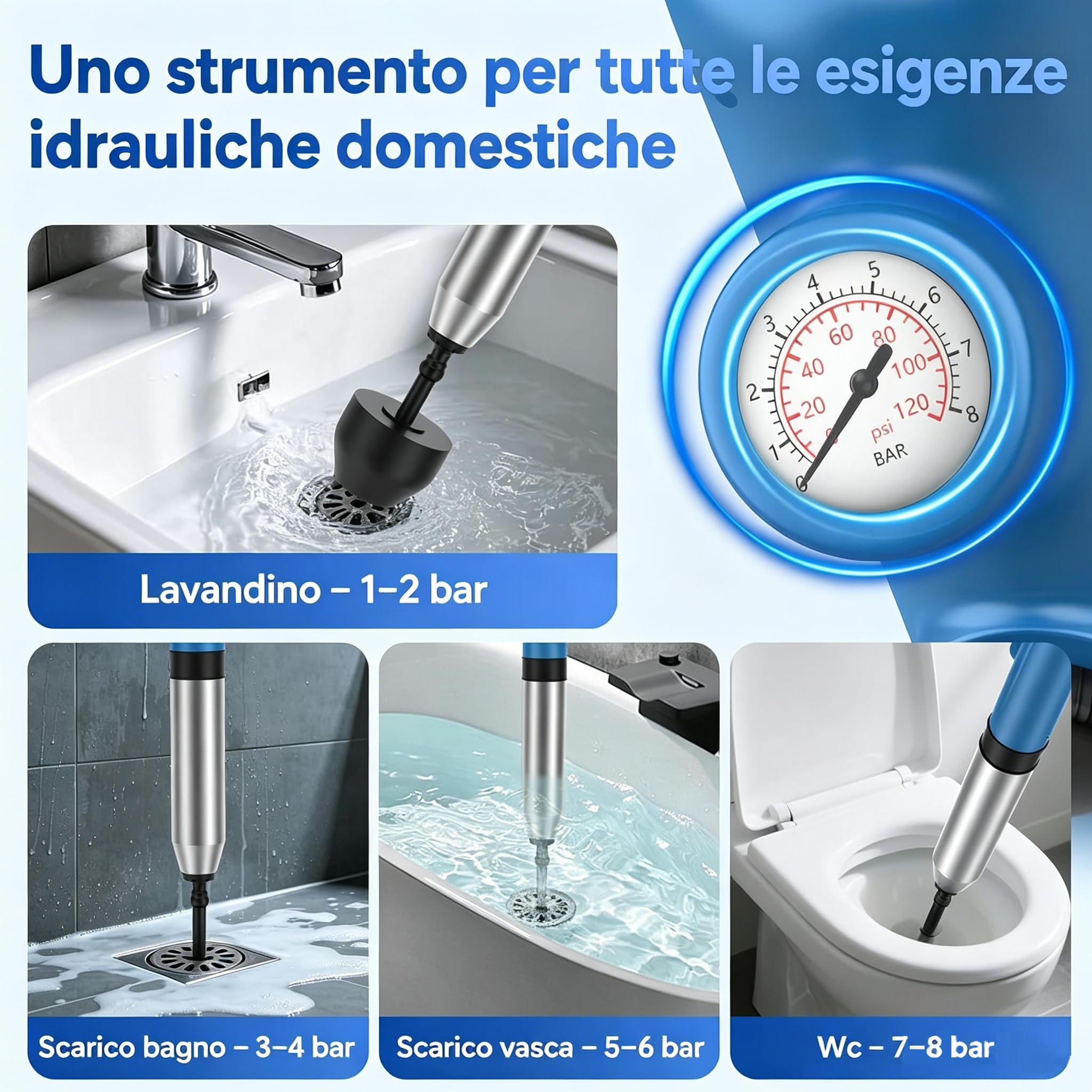 Deboucheur wc, pompe deboucheur canalisation, déboucheur canalisation haute pression, Tête de dragage flexible,Pression d'air maximale 8bar, Peut déboucher Toilette, Évier, Avec support suspendu