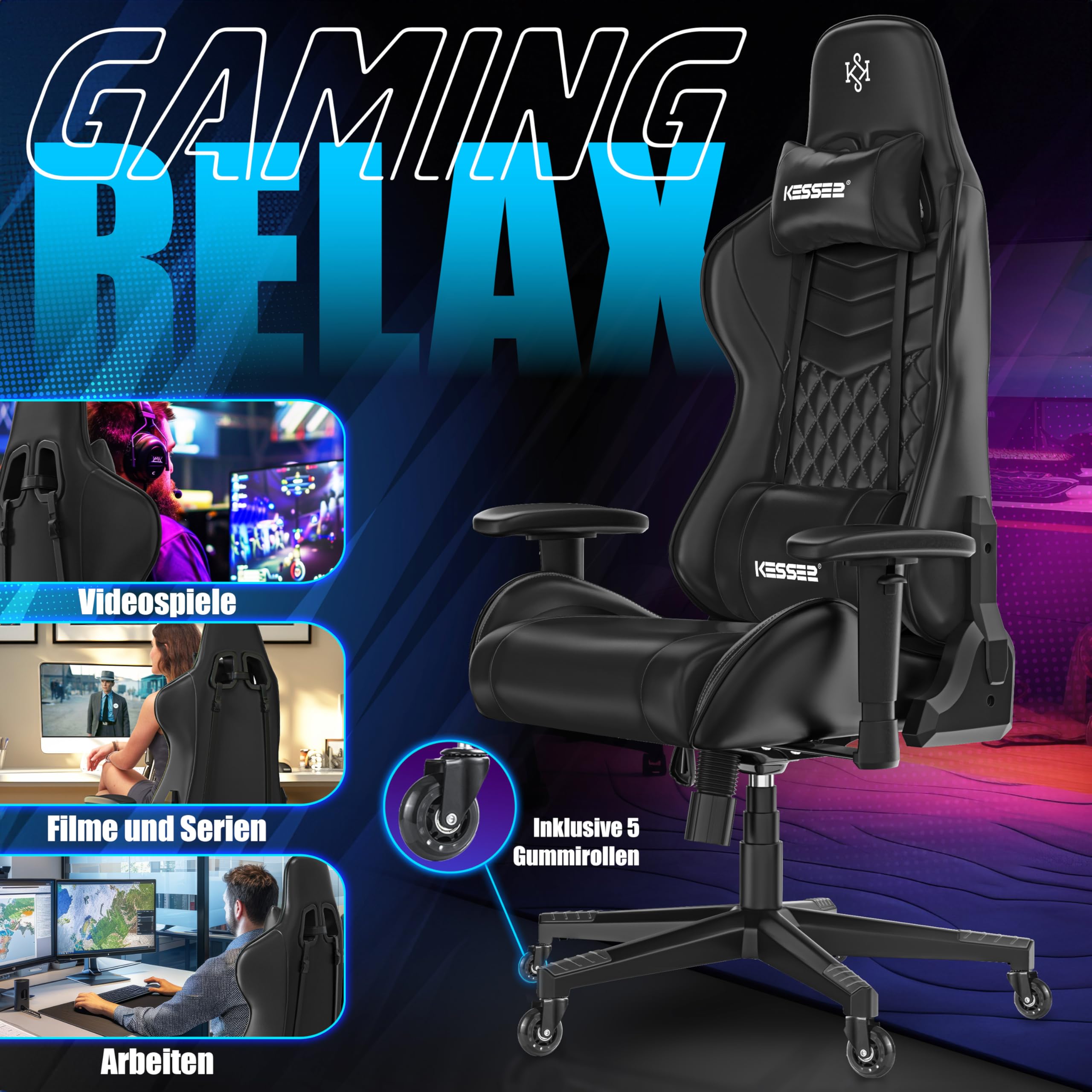 KESSER® Gamingstuhl Ergonomisch Gaming Stuhl Bürostuhl mit Kopfstütze & Lendenkissen | Racing Gamer Stuhl 150kg belastbar | Armlehne 360° | Drehbarer Schreibtischstuhl Gaming Chair + Gummi-Rollen