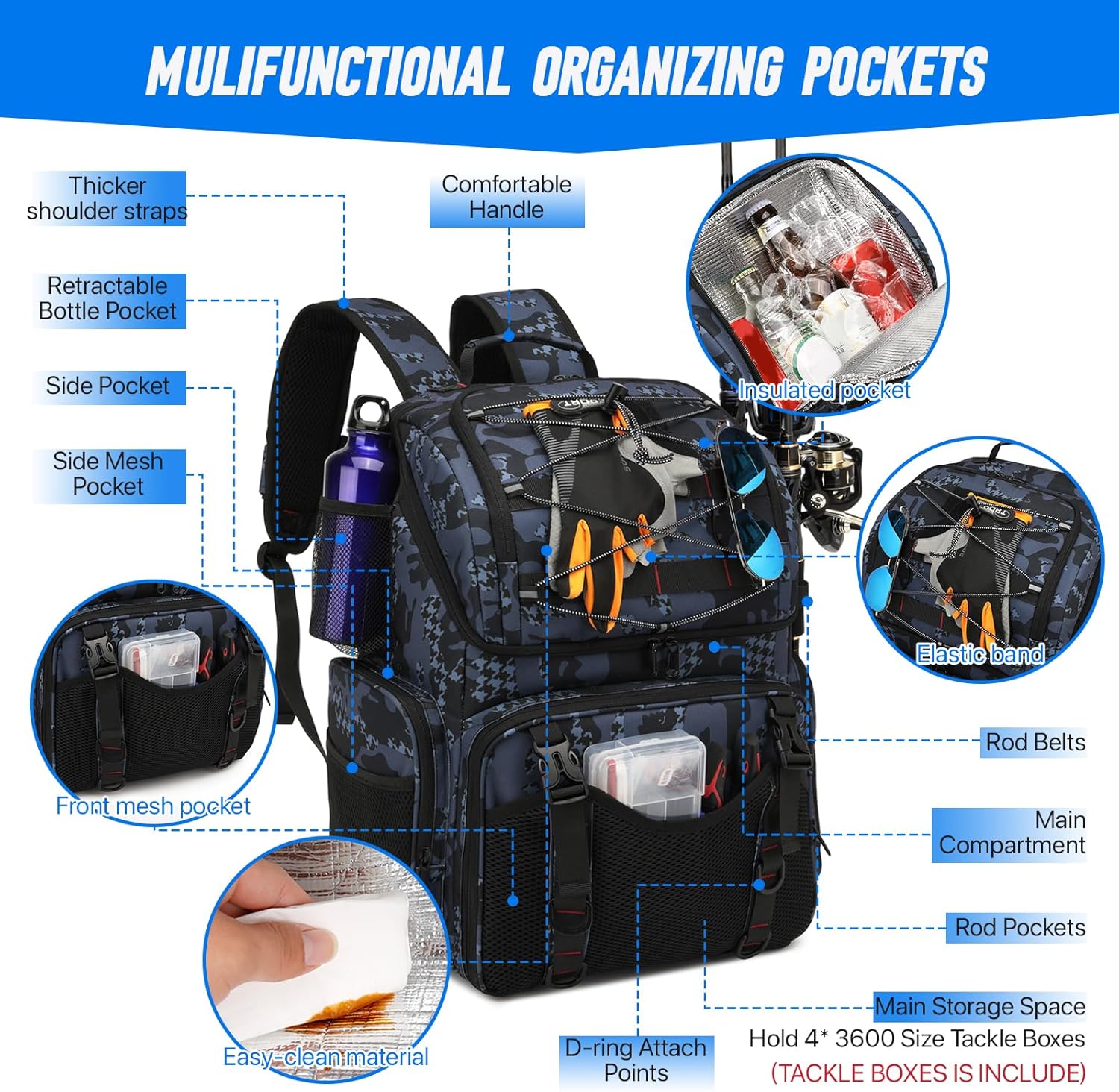 Fishing Backpack, 45L Large Cooler Fishing Tackle bag with Rod Holders & Rain Cover, Water-resistant Store Gear(With 4 Tackle Boxes)