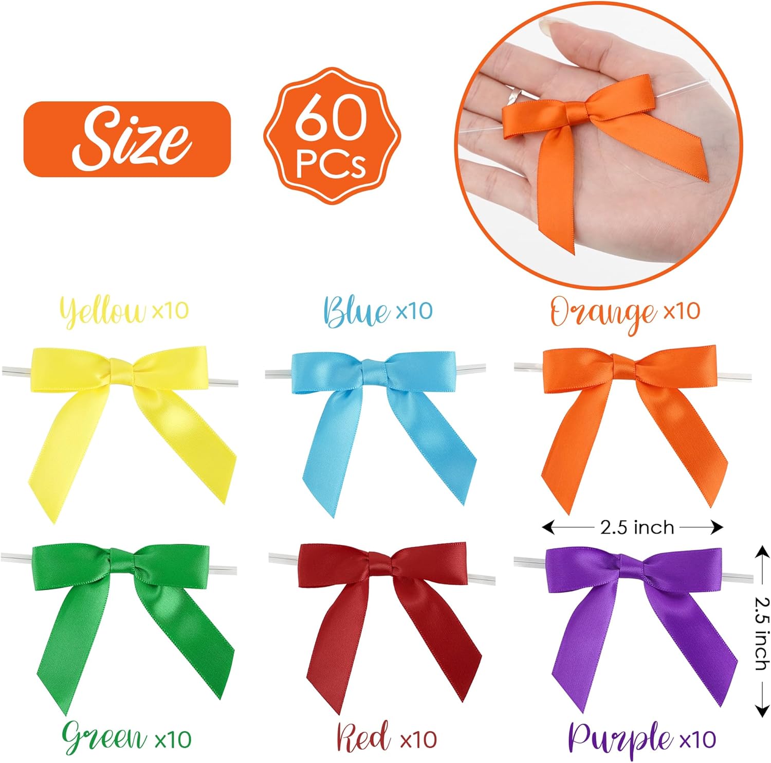 AIMUDI Rainbow Ribbon Bows 2.5" Satin Twist Tie Bows for Gift Wrapping Premade Satin Bows for Making Crafts Treat Bag Baby Shower Birthday Wedding LGBT Party Decoration, 60 PCs - Image 2