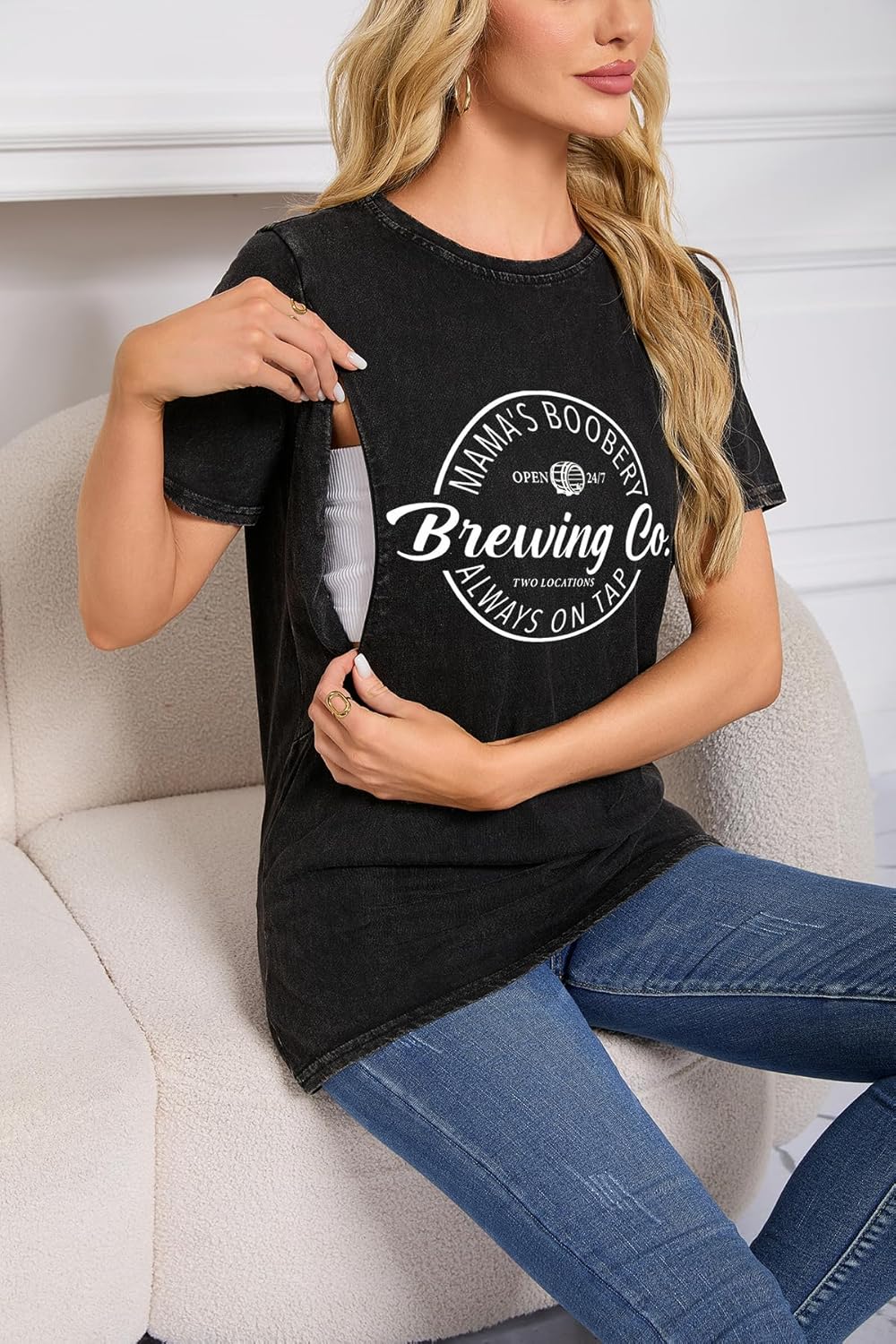 Comfort Breastfeeding Shirts for Women Zip Nursing Tops Causal Distressed Acid Washed Maternity Tees - Image 2