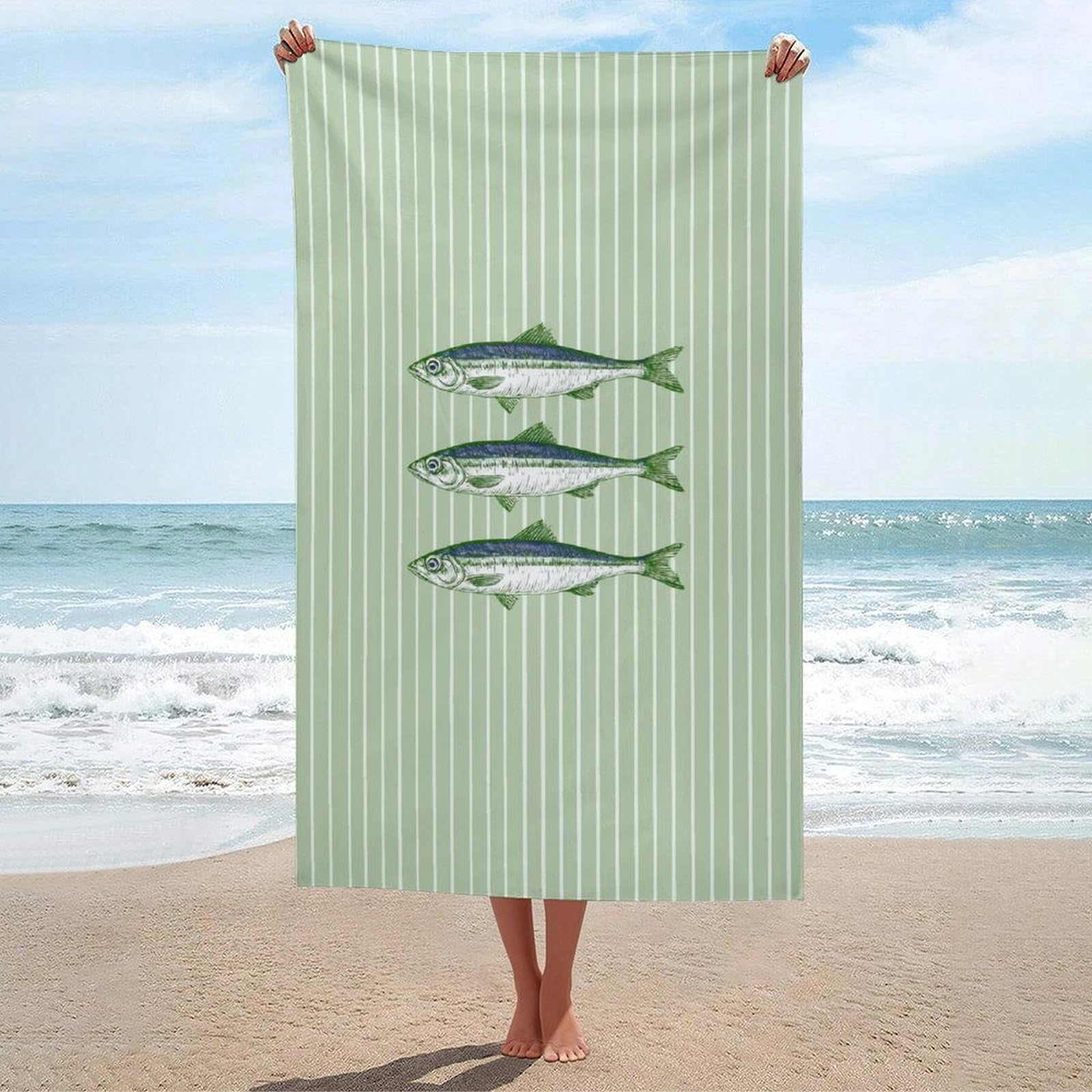 asbwuo Vertically Striped Light Green with Three Sardines Beach Towel