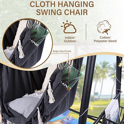 Miniatura 4 de Juego de silla hamaca para colgar con cuerda y soporte con dos soportes, soporte colgante resistente con tres ganchos, multiusos para interiores y