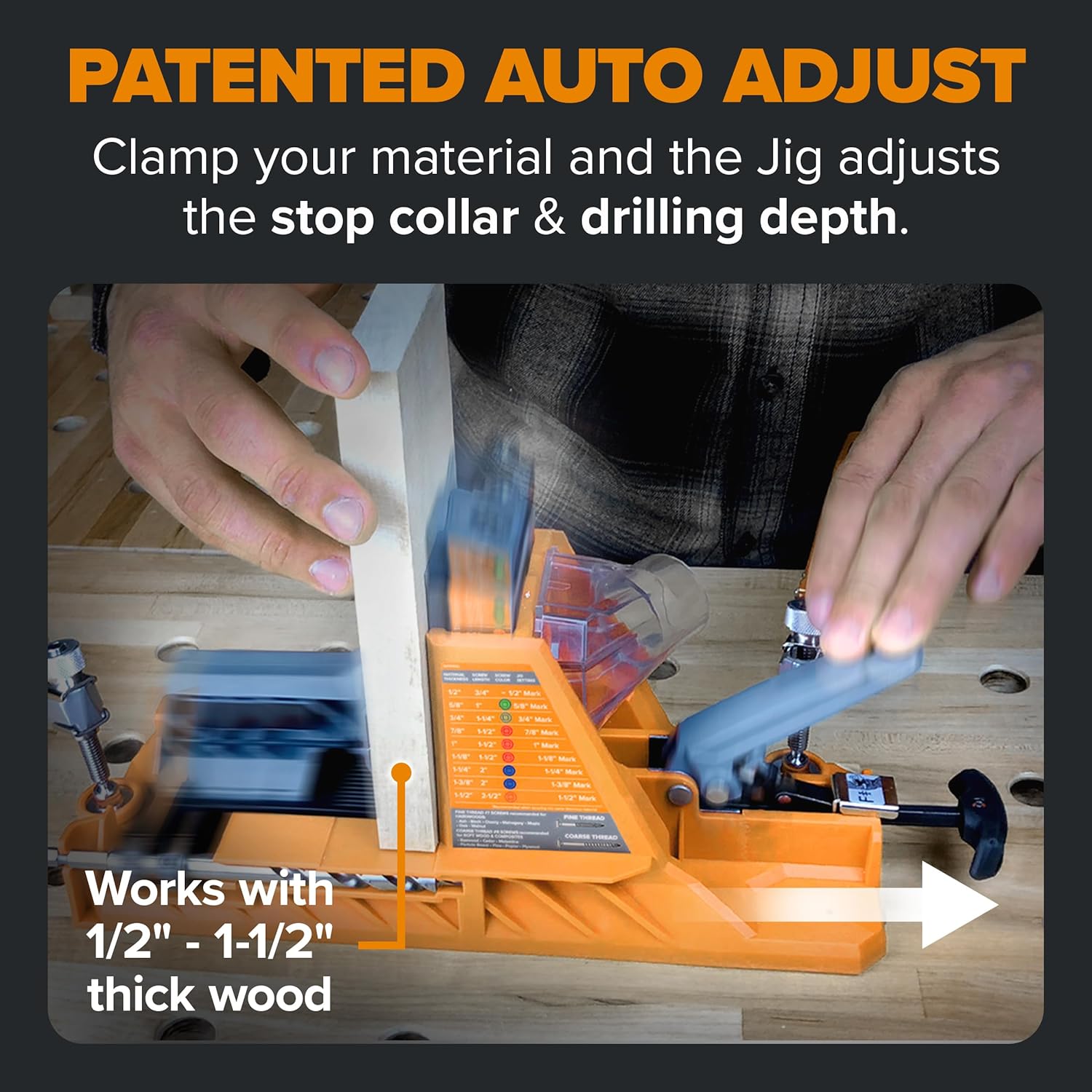 BORA Automatic Pocket Hole Jig with 50 Color-Coated Screws, Auto Adjusting Drill Guide, Pocket Hole Jig Kit for Woodworking - For Materials 1/2 inch to 1 1/2 inch Thick, Power Tool Accessory Jigs