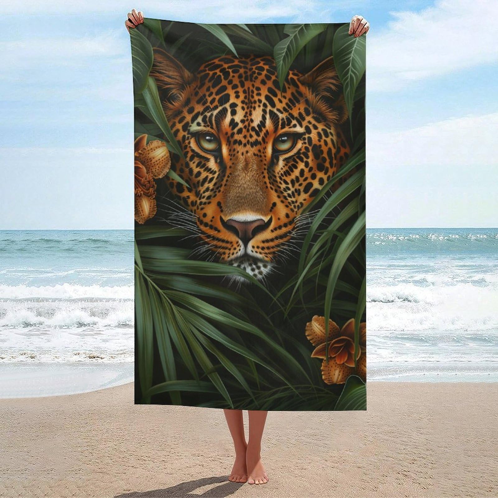 asbwuo Leopard Peering Through Dense Tropical Foliage Beach Towel