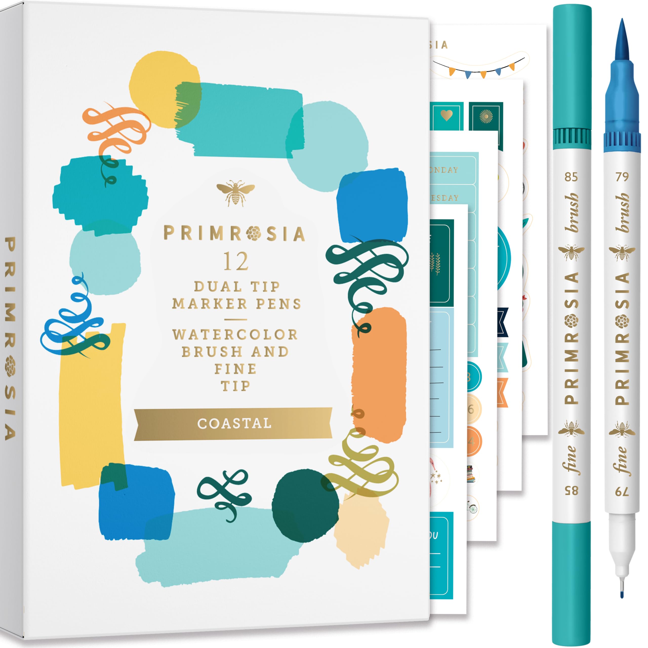 Primrosia 12 Dual Tip Watercolor Marker Pens - Fine Tip & Brush Tips, Professional Quality, 4 x Sticker Sheets, Blendable, Non-Toxic, Perfect for