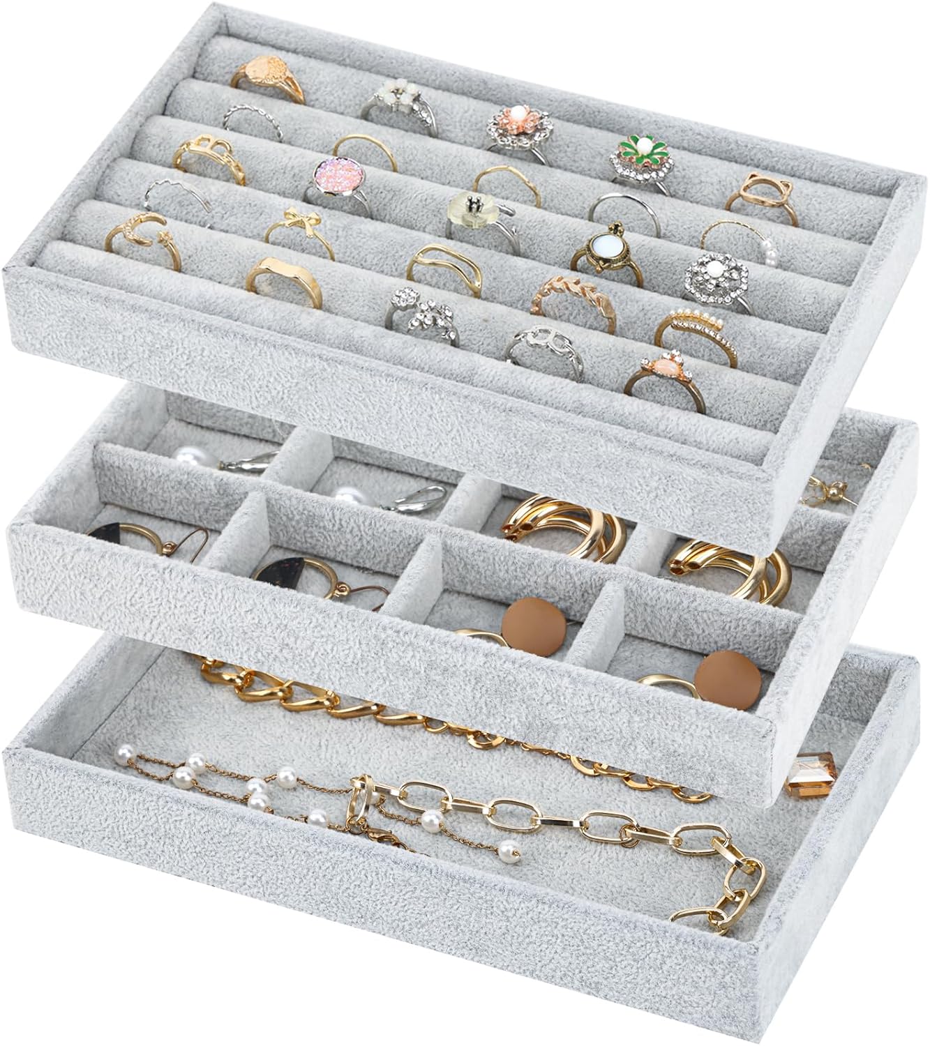 Fixwal 8in Set of 3 Jewelry Tray, Stackable Jewelry Organizer Drawer, Jewelry Trays
