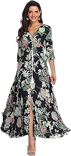 Summer Floral Print Maxi Dress Women Button Up Split Long Flowy Bohemian Beach Party