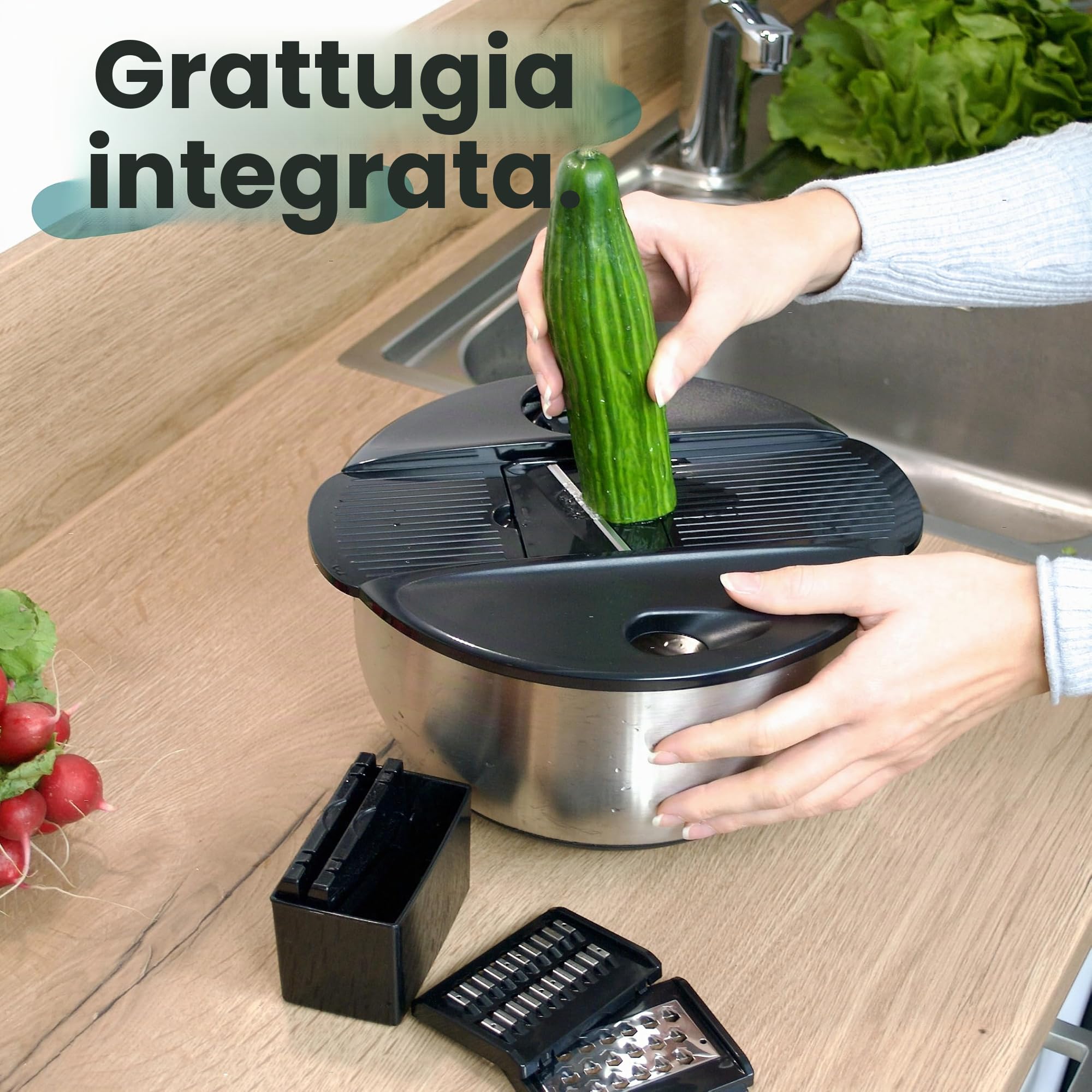 Cookery Centrifuga per insalata in acciaio INOX (4,5 l) + affettaverdure con 5 lame | semplice centrifuga per insalata grazie al fondo antiscivolo e al manovellino