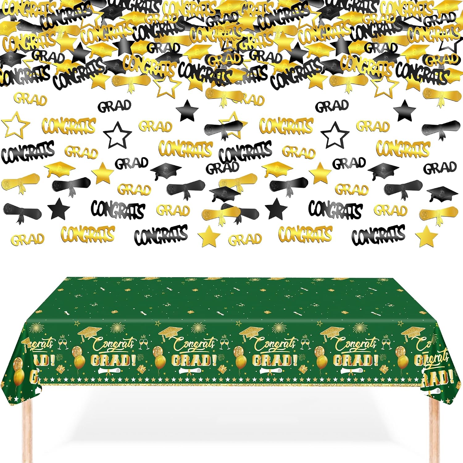 KatchOn, Green and Gold Graduation Tablecloth - Pack of 3 | Black and Gold Graduation Confetti 2026 - Pack of 1300 | Green Graduation Decorations 2026 | Graduation Table Confetti 2026