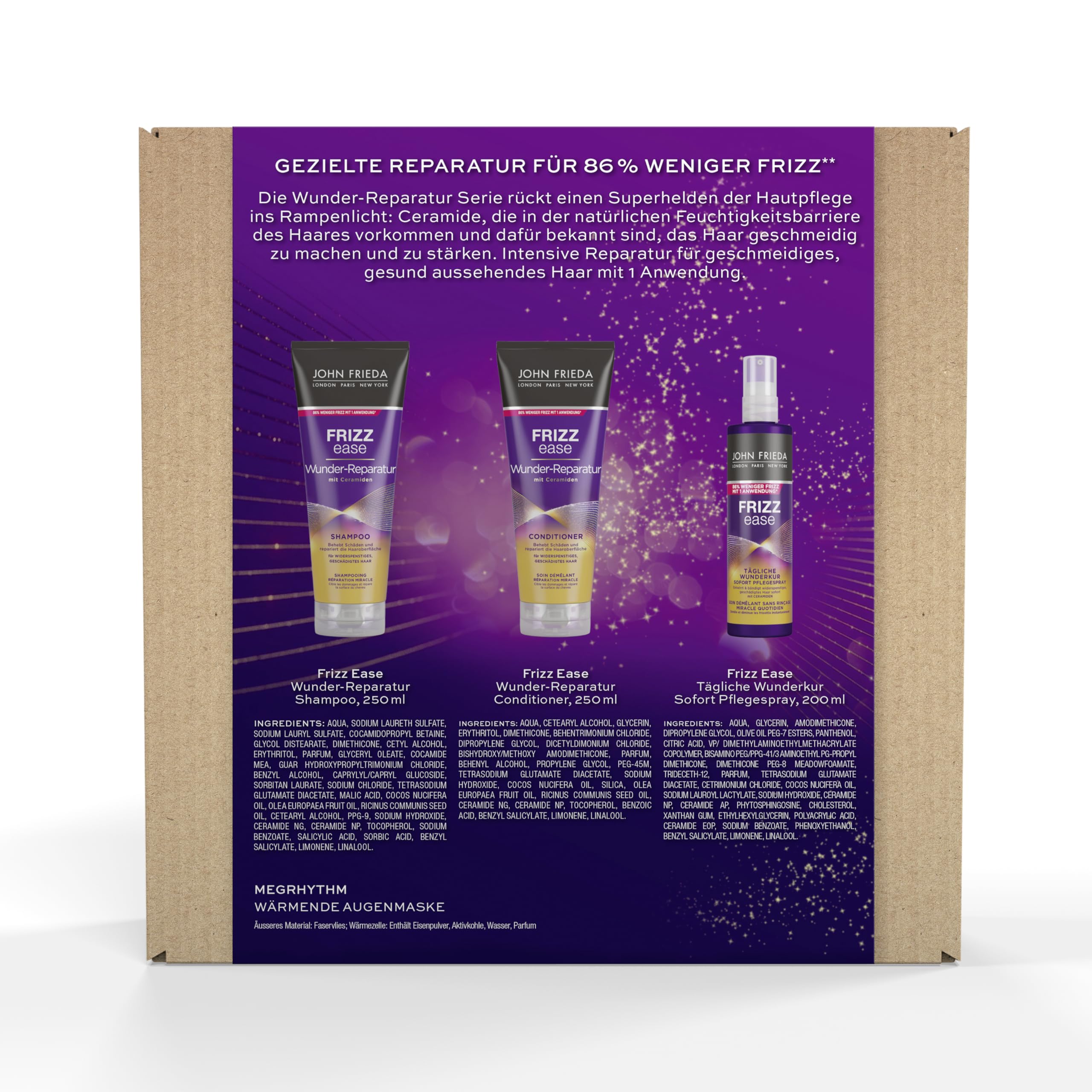 John Frieda Frizz Ease Wunder 4-częściowy zestaw naprawczy – szampon, odżywka, spray do pielęgnacji i maska na oczy MegRhythm – program dobrego samopoczucia do domu