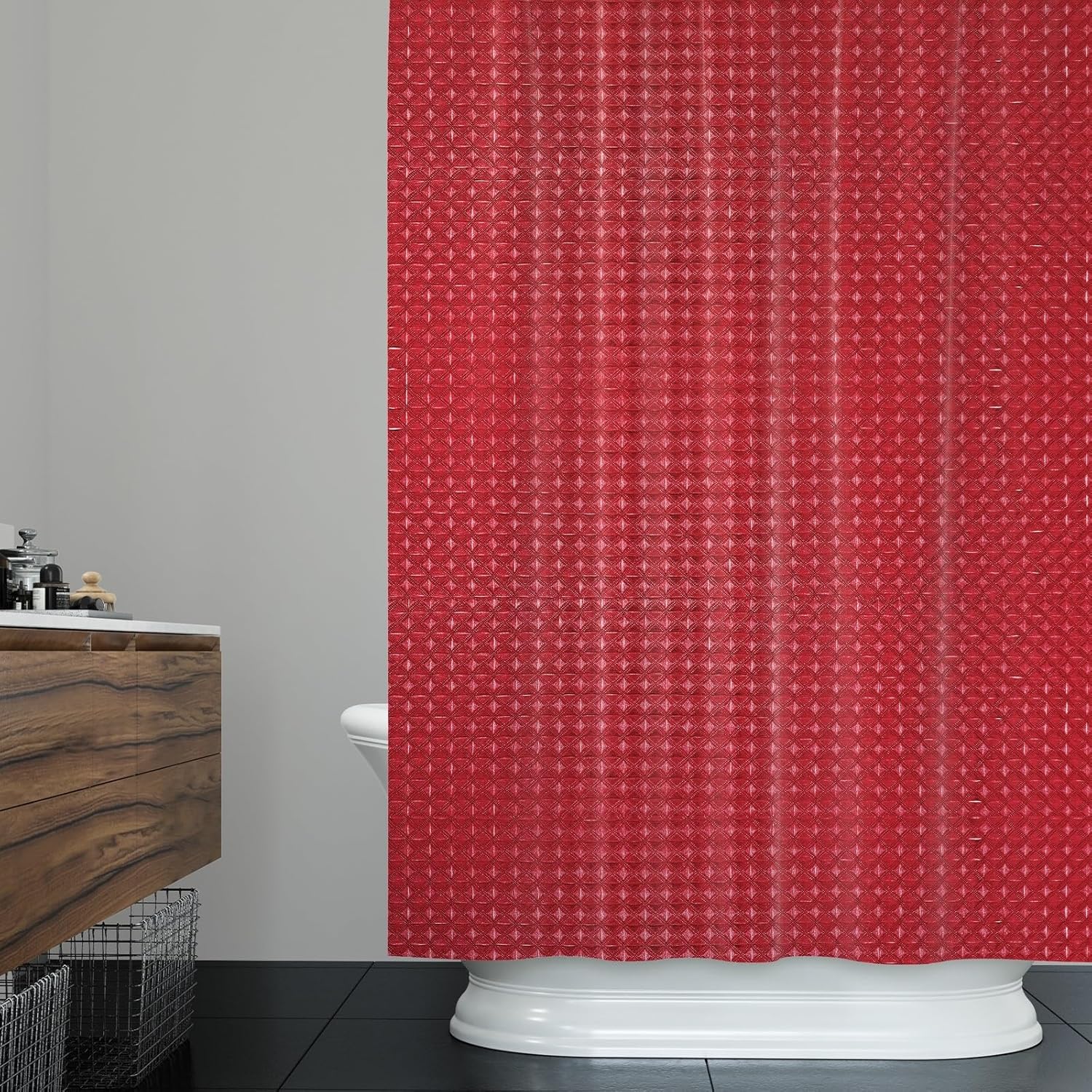 72x72 Inch Solid Color Shower Curtain for Bathroom Waffle Bath Water Resistant Fabric Curtains Burgundy Modern Thick Shower Stall Curtain with Metal Hooks