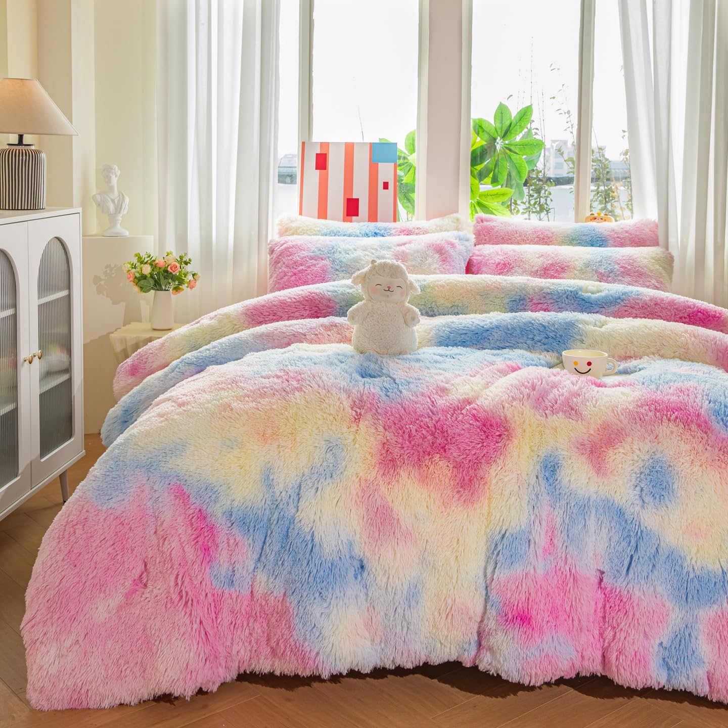 chovy Kids Girls Faux Fur Sunshine Rainbow Comforter Sets Twin/Full - 3PC Bed Set Soft Warm Comfortable Rabbit Plush Velvet Flannel Fluffy Fuzzy Bedding(Comforter x 1 Pillowcases x 2) - Image 2