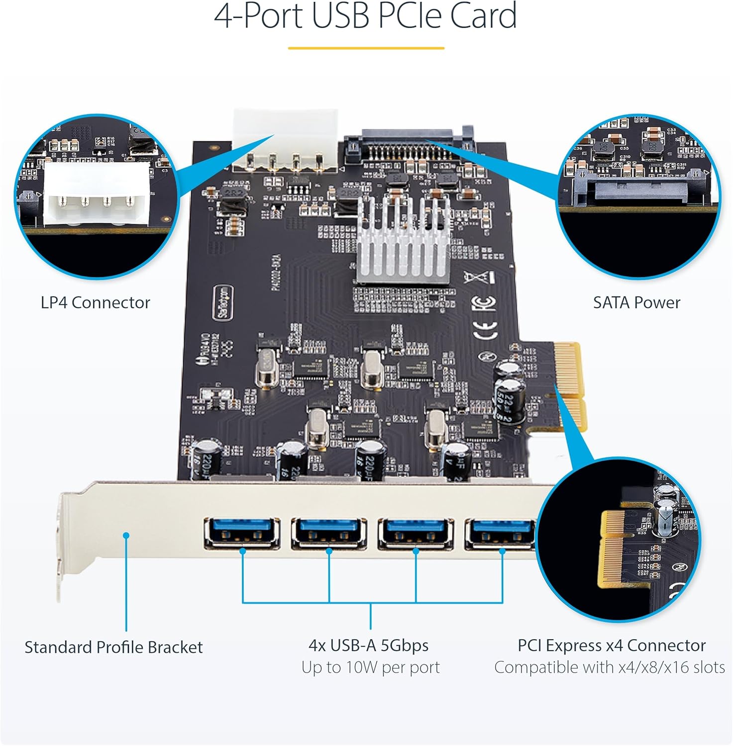 StarTech.com 4-Port USB PCIe Card, USB 3.2 5Gbps, PCI Express Card with 4X Independent USB Controllers, 4X USB-A Ports