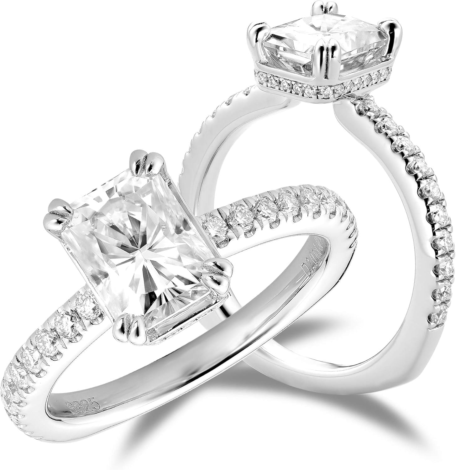 DovEggs Moissanite Engagement Rings for Women 2ct 6X8mm Radiant Cut F-G-H Color Moissanite Euro shank Hidden Halo Wedding Anniversary Ring Sterling Silver with 18K White Gold Plated