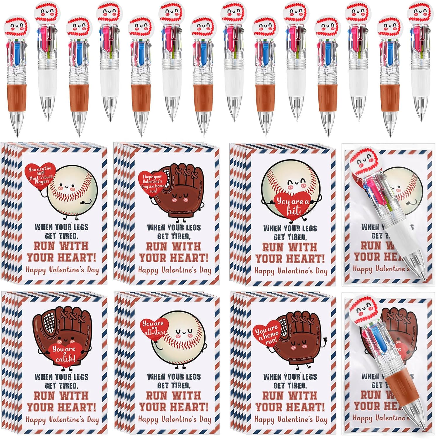 Colarr 24 Set Baseball Valentines Gifts Multicolor Pens with Positive Cards for Valentines Day Party Favors Classroom Prizes Students Baseball Team Goodie Bags Stuffers 4 in 1 Ballpoint Pens