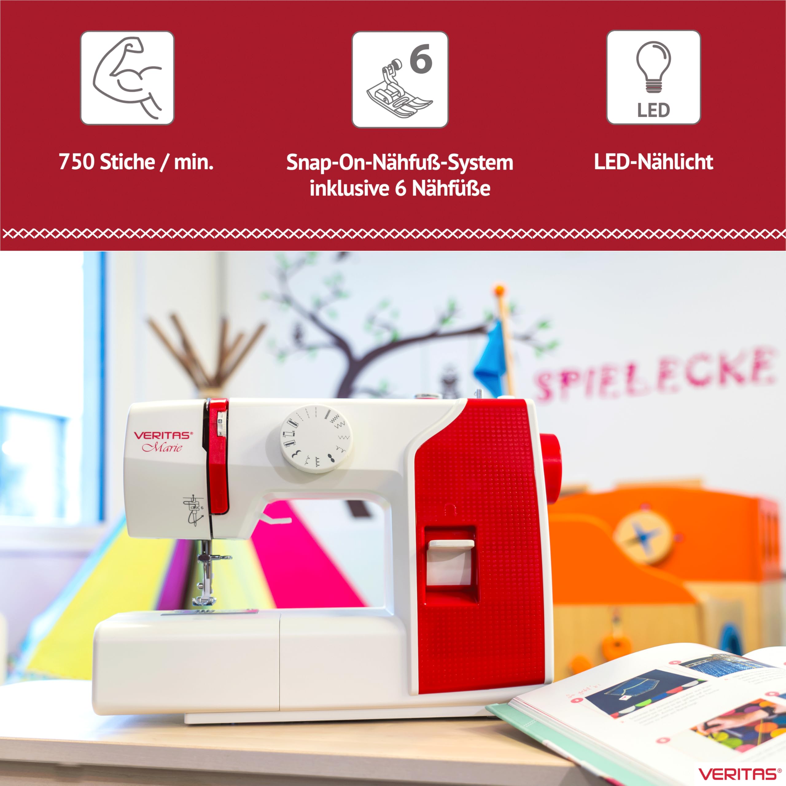 VERITAS Nähmaschine Marie I 13 Stichprogramme I Auto-Fadenspannung & Fadenabschneider I LED-Nählicht I Snap-On Nähfußsystem I Zierstiche & Stretch-Stiche I Kleine Nähmaschine für Anfänger (weiß-rot)