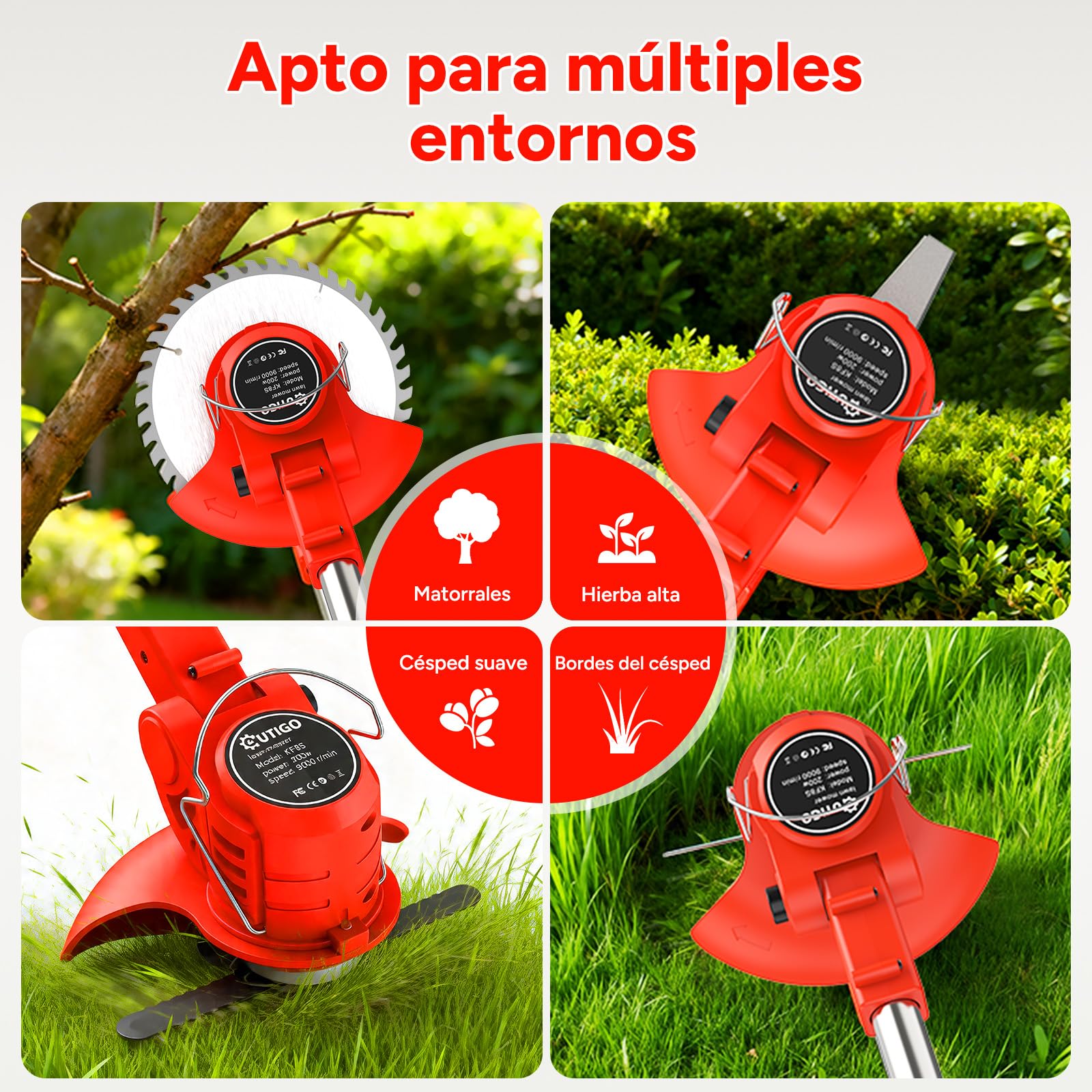 OUTIGO Cortadora de césped eléctrica inalámbrica, desbrozadora inalámbrica con 2 baterías y 4 Cuchillas, Recortar Malas Hierbas, césped Exterior y Ramas pequeñas, Decespugliatore Elettrico