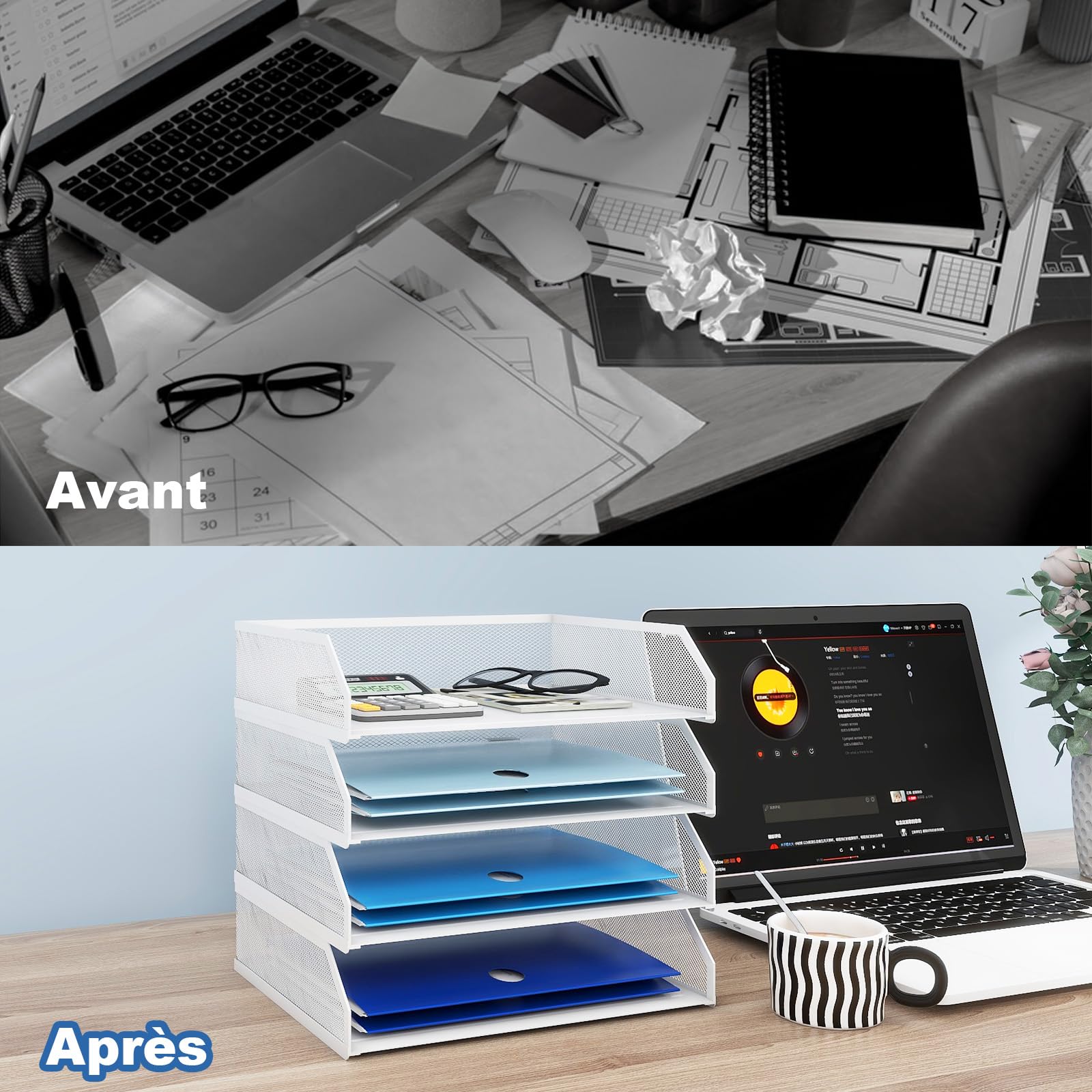 PUNCIA Corbeilles à Courrier Métallique 4 Niveaux Organiseur de Bureau Rangement Documents Blanc