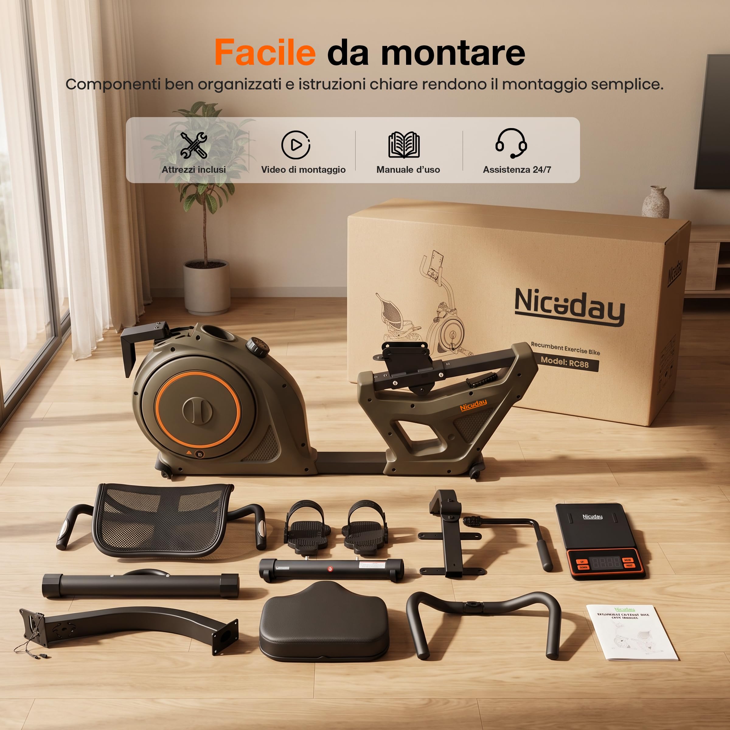Niceday Cyclette reclinata per anziani, bici da casa silenziosa con 16 livelli di resistenza, sedile ergonomico con schienale, allenamento delicato sulle articolazioni, preassemblata all’85%