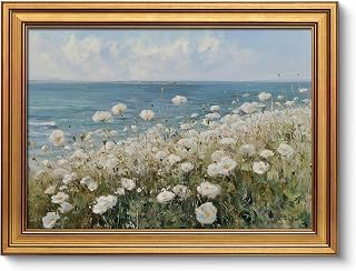 VIYYIEA Vintage Gold Framed Canvas Wall Art, Summer Wildflowers Field Decor, Beach Print Coastalr Wall Paintings, Nature Landscape Picture Artwork for Living Room Bedroom Office, 12x16Inch