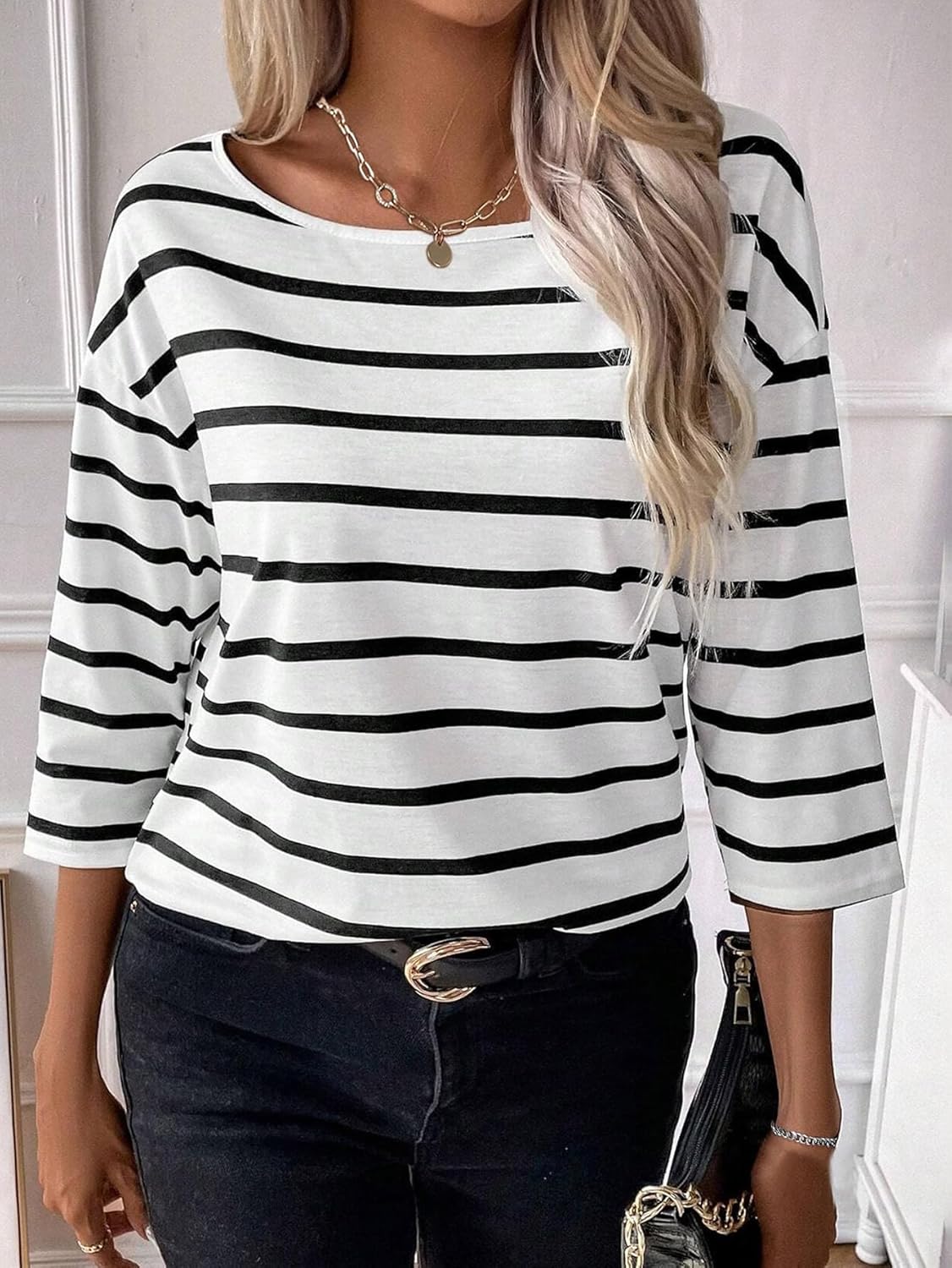 SOFIA'S CHOICE Women's Striped Shirt Loose Fit 3/4 Sleeve T Shirts Summer Casual Tee Top - Image 4