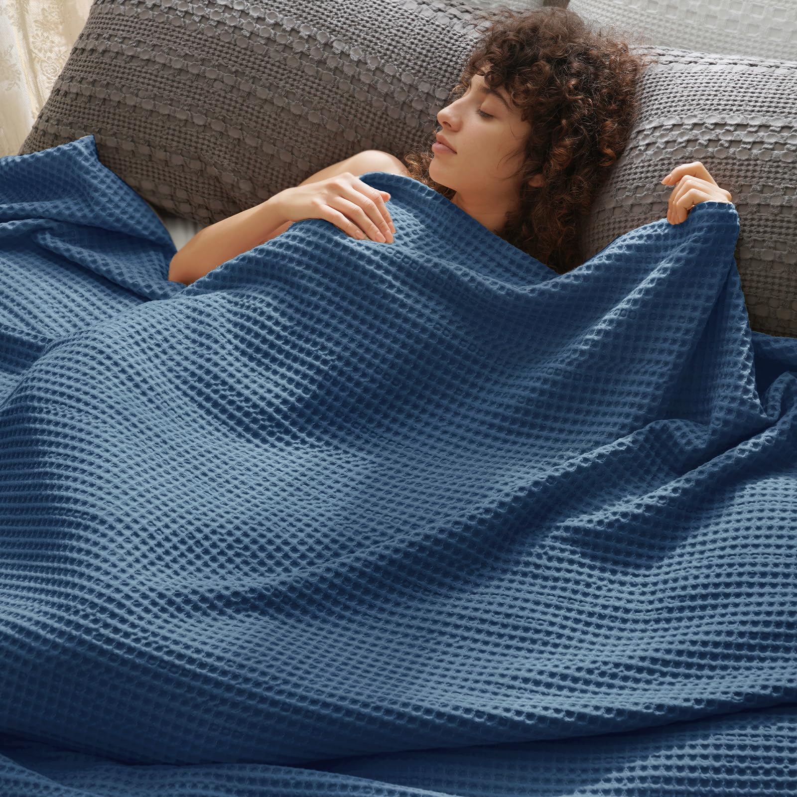 phf ultra soft waffle weave blanket king size 104"x 90"- washed lightweight breathablee cozy woven blanket - great for couch bed sofa home car - navy blue