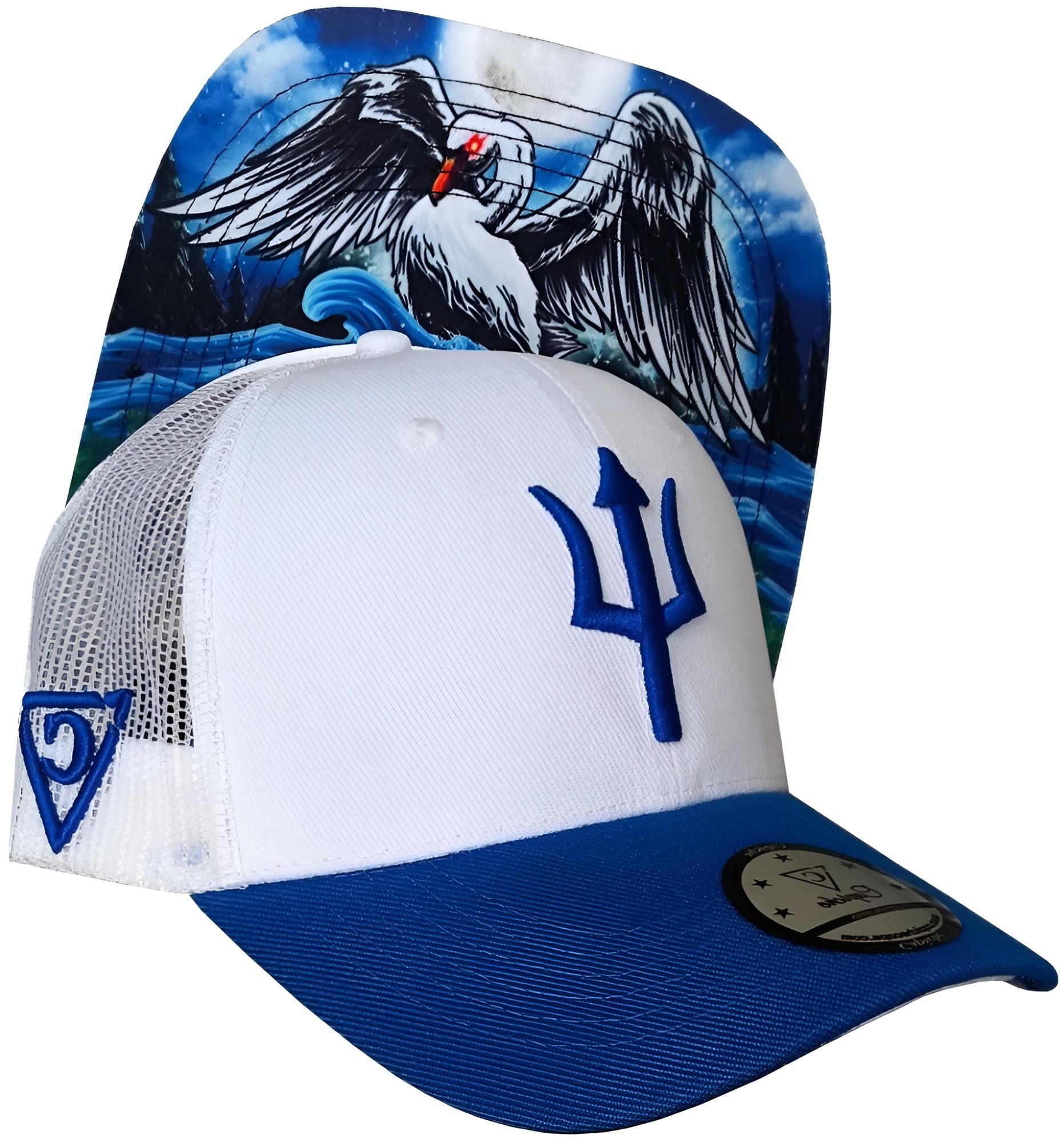 Capiche Unisex D-324 - Cycnus Tr [99+ Variations] Cycnus Trucker Cap - White Mesh Hat With Blue Brim, Embroidered Trident Logo, Mythical Swan Undervisor Art, Adjustable Snapback For Greek Mythology And Stylish Streetwear