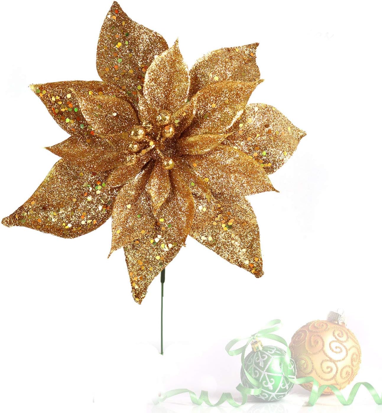 LarksilkGold Glitter Poinsettia 10" Artificial Flower Picks - Set of 6 - Christmas Tree Picks Decorations - Sparkling Tree Décor Ornaments - Festive Accents for Stunning Holiday Displays