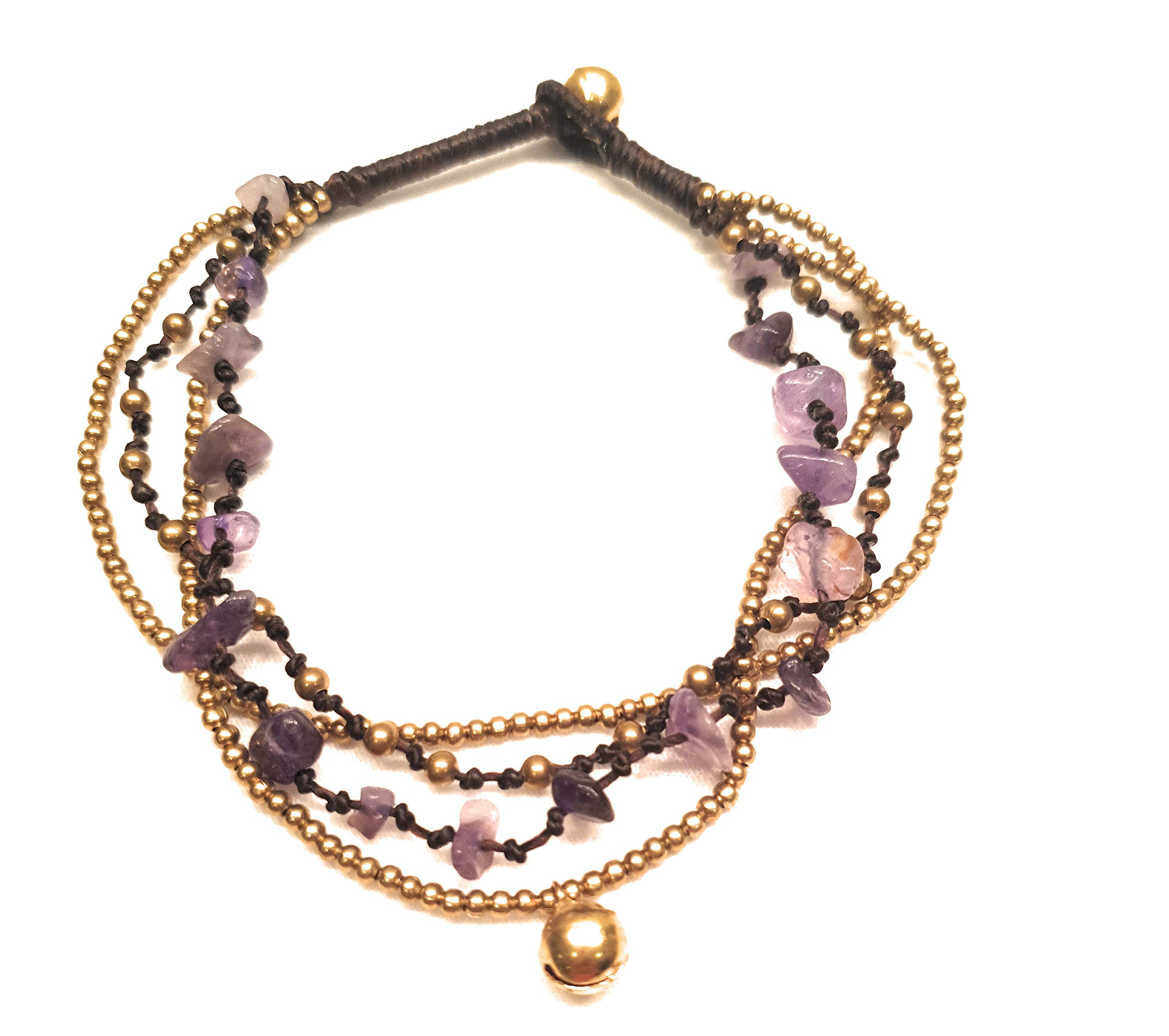 Infinityee888 Ametyst Anklet Bracelet with Bell Stone Handmade Brass Bead Bells Indian Boho Anklet for women, teen -JA015