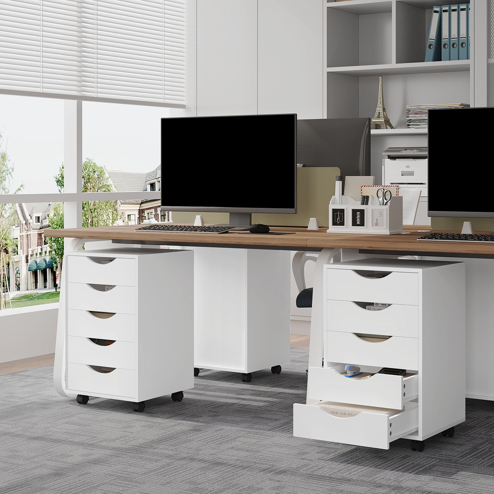 WOLTU kontener na kółkach z 5 szufladami, mobilna szafka na dokumenty z rolkami, szafka z szufladami, szafka biurowa, do biura, domu, biała, 40 x 66,5 x 40 cm, ASK14ws