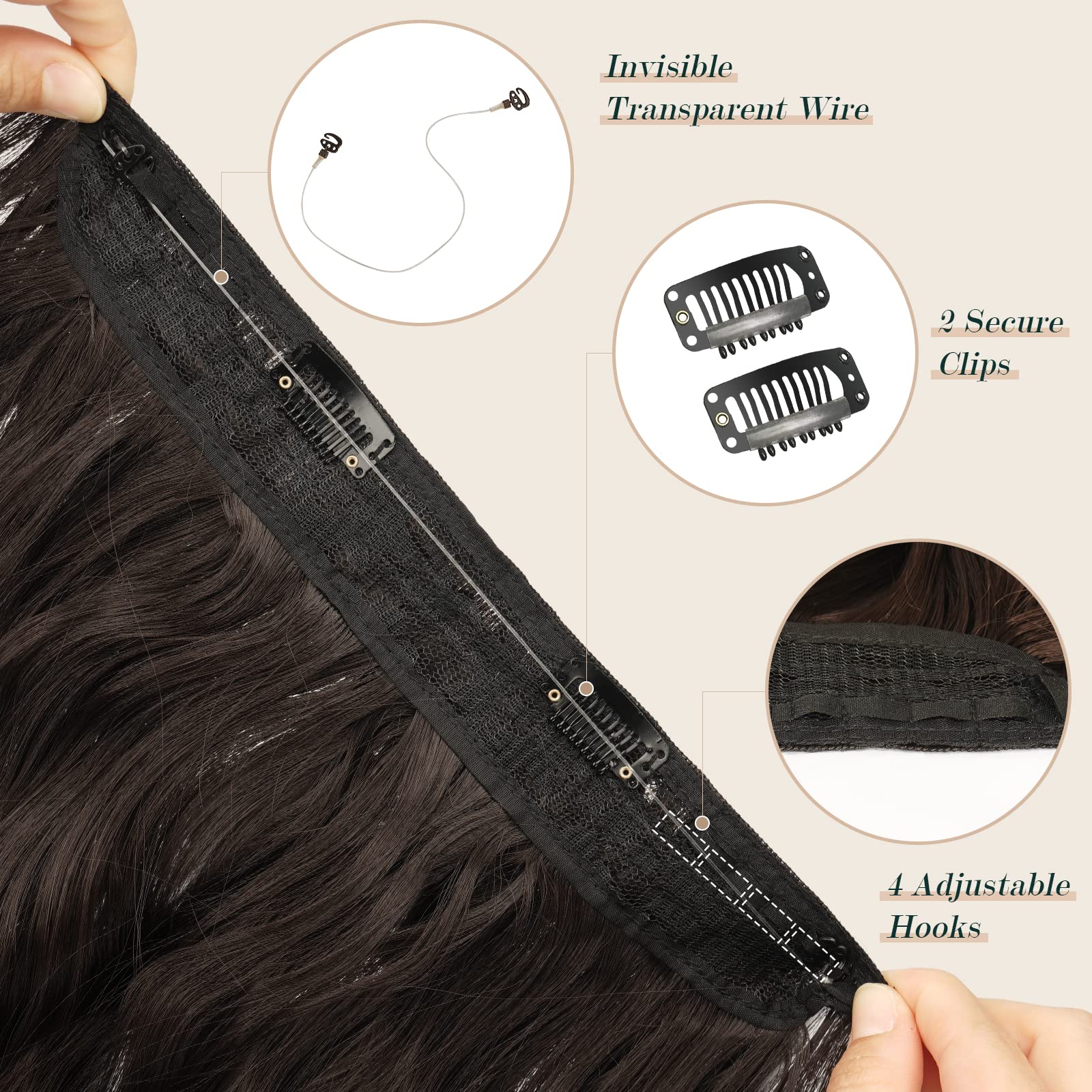 FESHFEN Extension Cheveux Fil Invisible Naturel - Longue Ondulés Fil Secrets Wire Hair Extensions Brun Foncé Synthétique Rajout Cheveux pour Femme, 50 cm