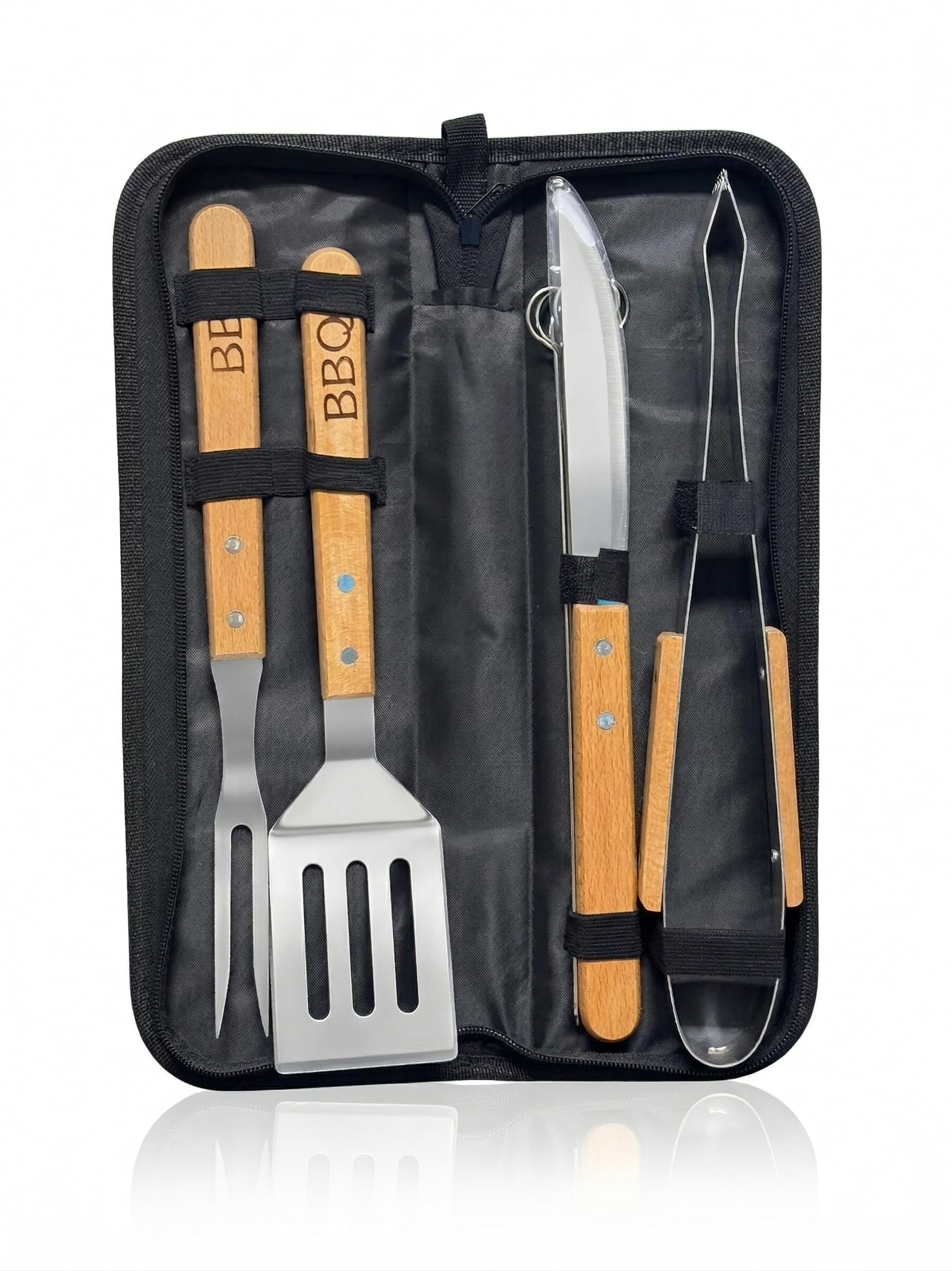 OCEANO Set Barbecue Professionale 11 Pezzi (10 Utensili + Custodia) Kit BBQ in Acciaio Inox con Manici Legno Accessori Griglia Giardino Campeggio Include Spatola Pinza Forchettone Coltello 6 Spiedini