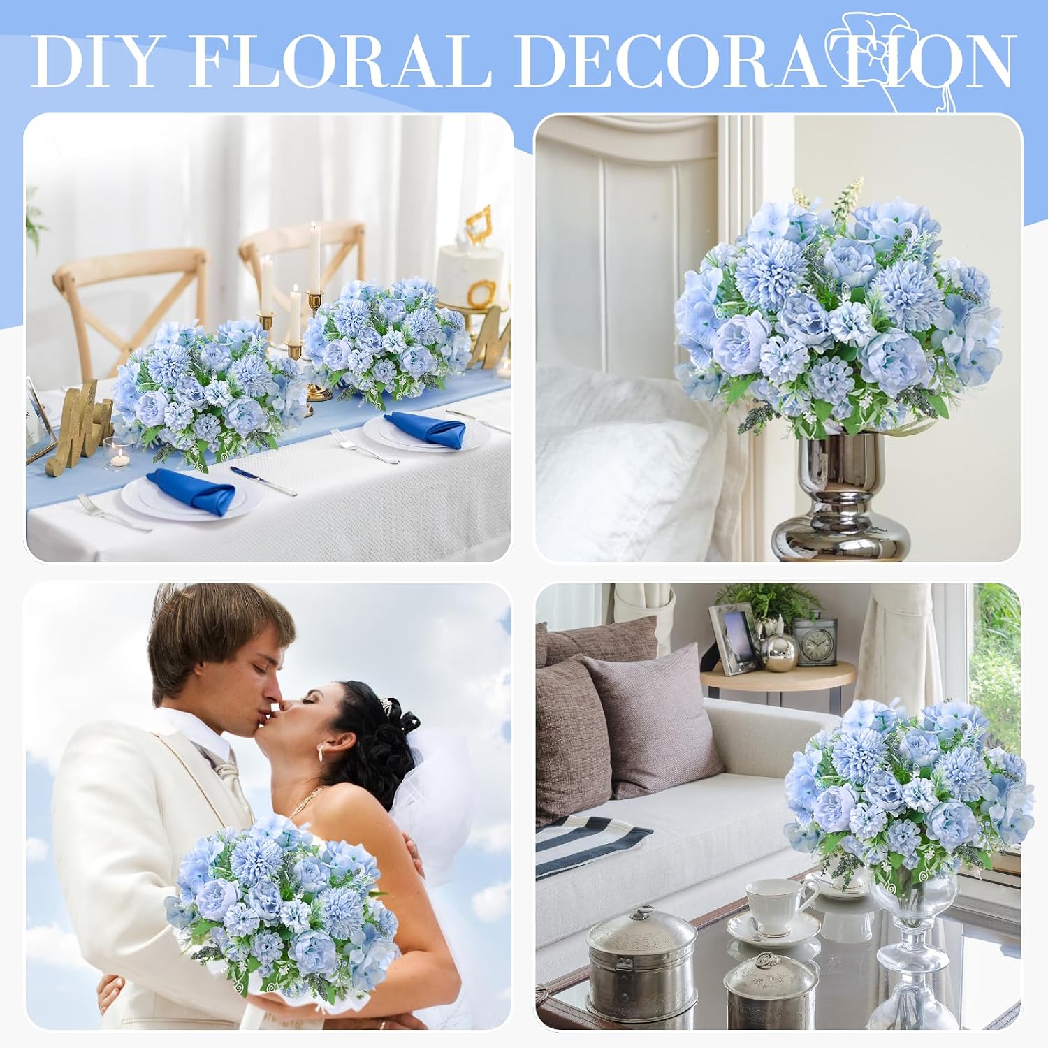ASTRYAS Blue Artificial Flowers, 12Pcs Fake Peony Silk Peonies for Decoration Blue Faux Flower Arrangements for Spring Office Home Decor Wedding Party (Light Blue)