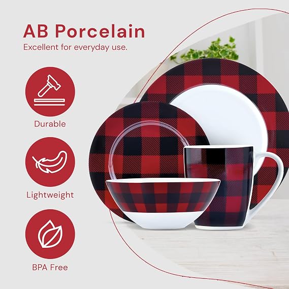 Safdie & Co. 16-Piece Red Black Plaid Dinnerware Set Porcelain Bowl Plate with Mug Dishwasher Safe