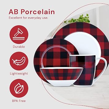 Safdie & Co. 16-Piece Red Black Plaid Dinnerware Set Porcelain Bowl Plate with Mug Dishwasher Safe