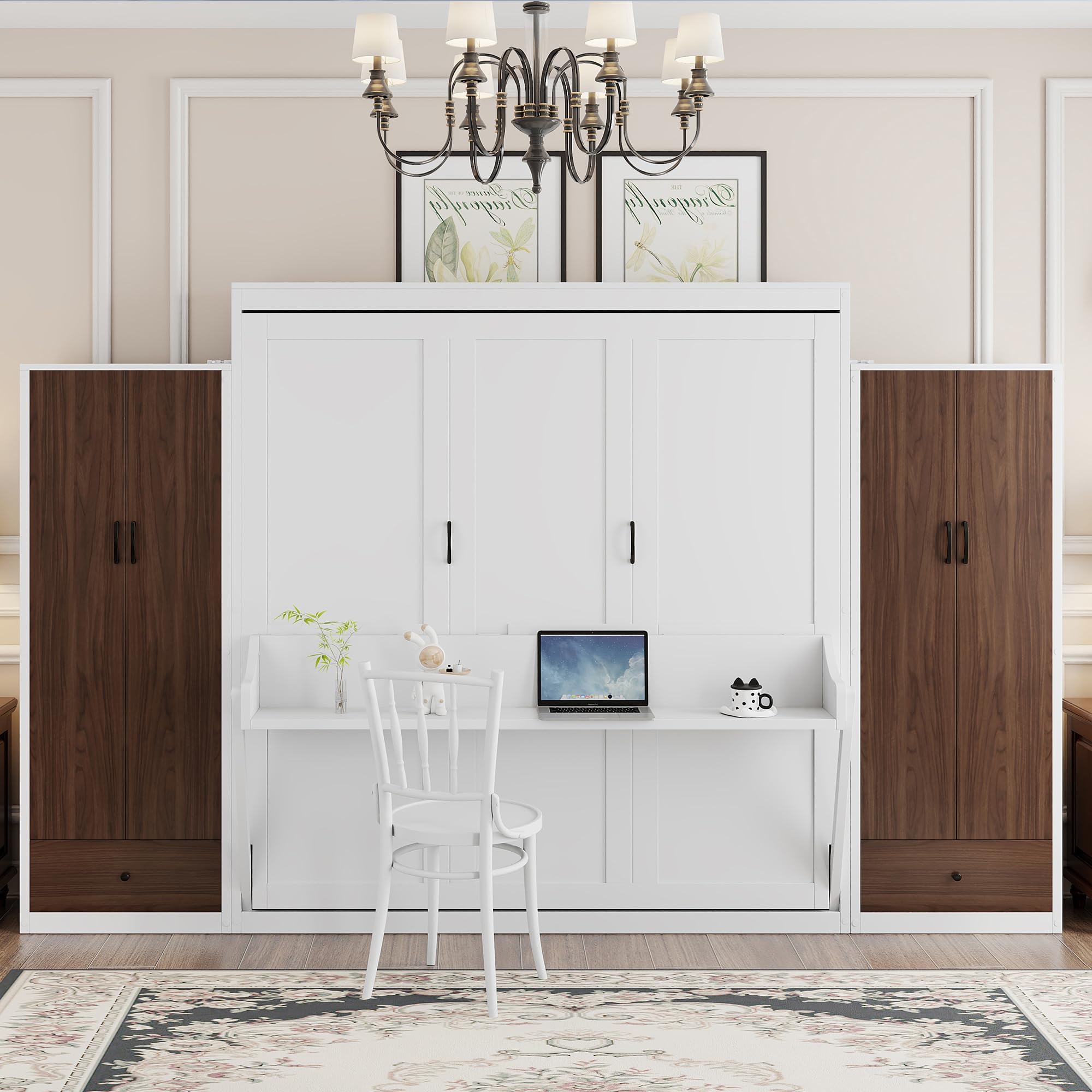 Flieks Queen Size Murphy Bed, Wooden Queen Wall Bed with Closet, Drawers and Desk, White