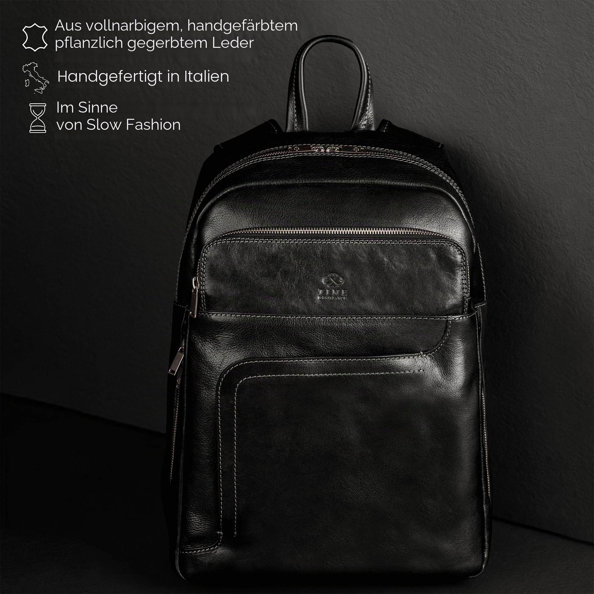 Time Resistance Schwarz Leder Business Rucksack - Leder Rucksack für Laptop oder A4 Portfolio - Computer Rucksack Made in Italy
