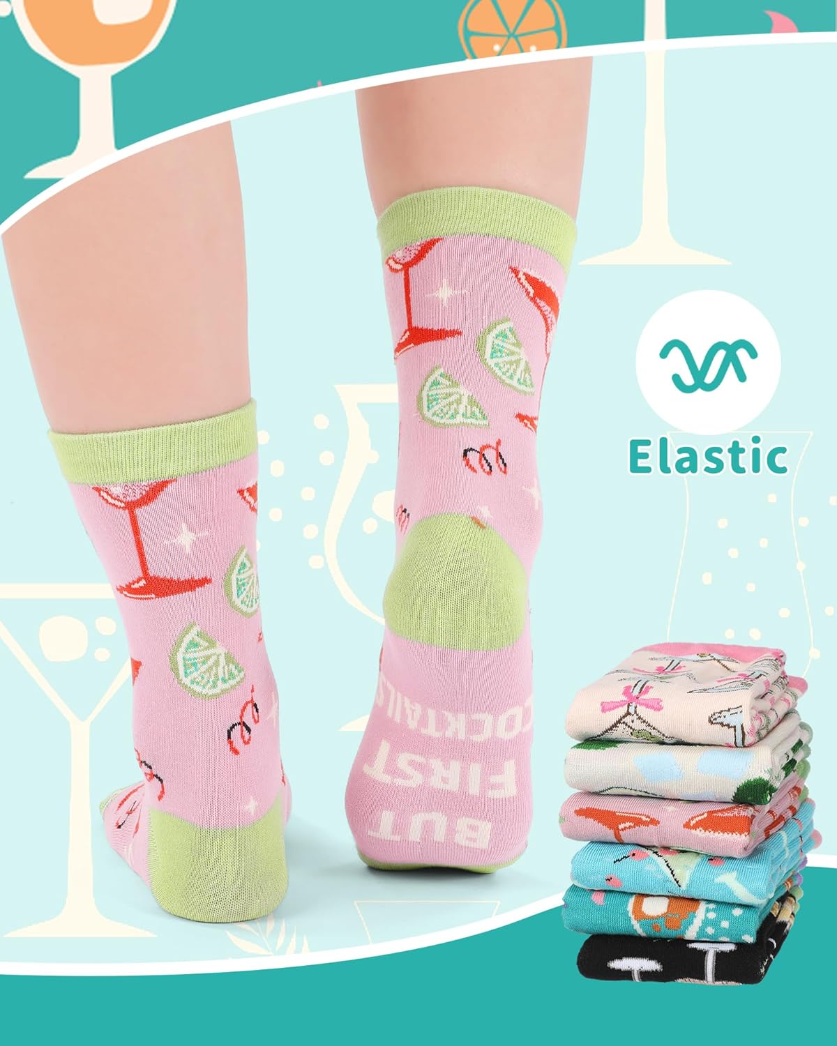 6 Pairs Drink & Alcohol Theme Crew Socks for Women Funny Coffee Cocktail Martini Wine Socks Birthday Holiday Gifts - Image 5