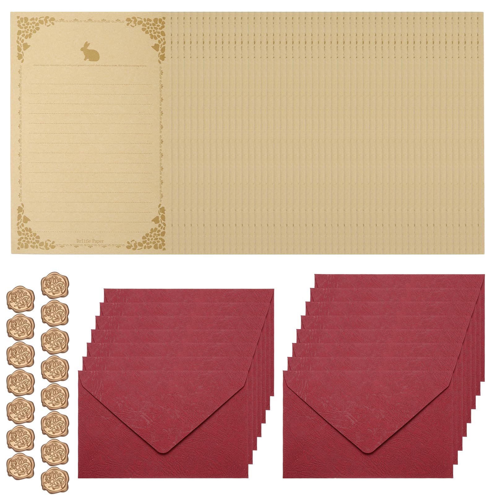 PATIKIL 15 Pack Colorful Business Envelopes, 4 x 6 Inch V Flap Wood Grain with A5 Patterned Trim Paper and Sealing Wax Sticker Envelopes for Office Letter Mailing Checks Cards, Red