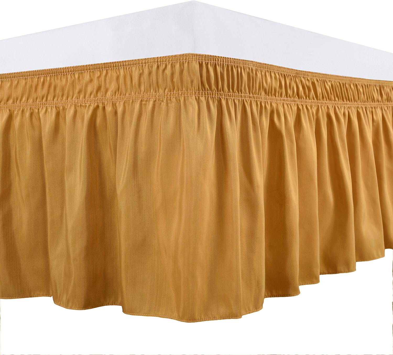 Wrap Around Bed Skirts Elastic Dust Ruffles, Easy Fit Wrinkle and Fade Resistant Silky Microfiber Fabric Solid Color Bedskirt, 12 Inch Tailored Drop Gold for King Size Bed Skirt