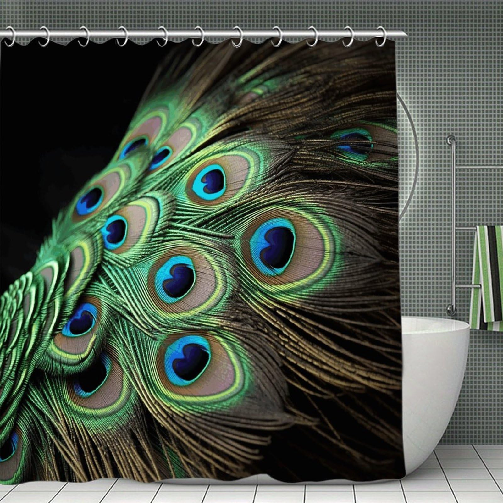 VstaDank Green Peacock Feather Shower Curtain Waterproof Bathroom Curtain with Hooks Luxury Weighted Bath Curtains for Bathtubs Showers Room Dividers Decorative Shower Curtains 71x71 in