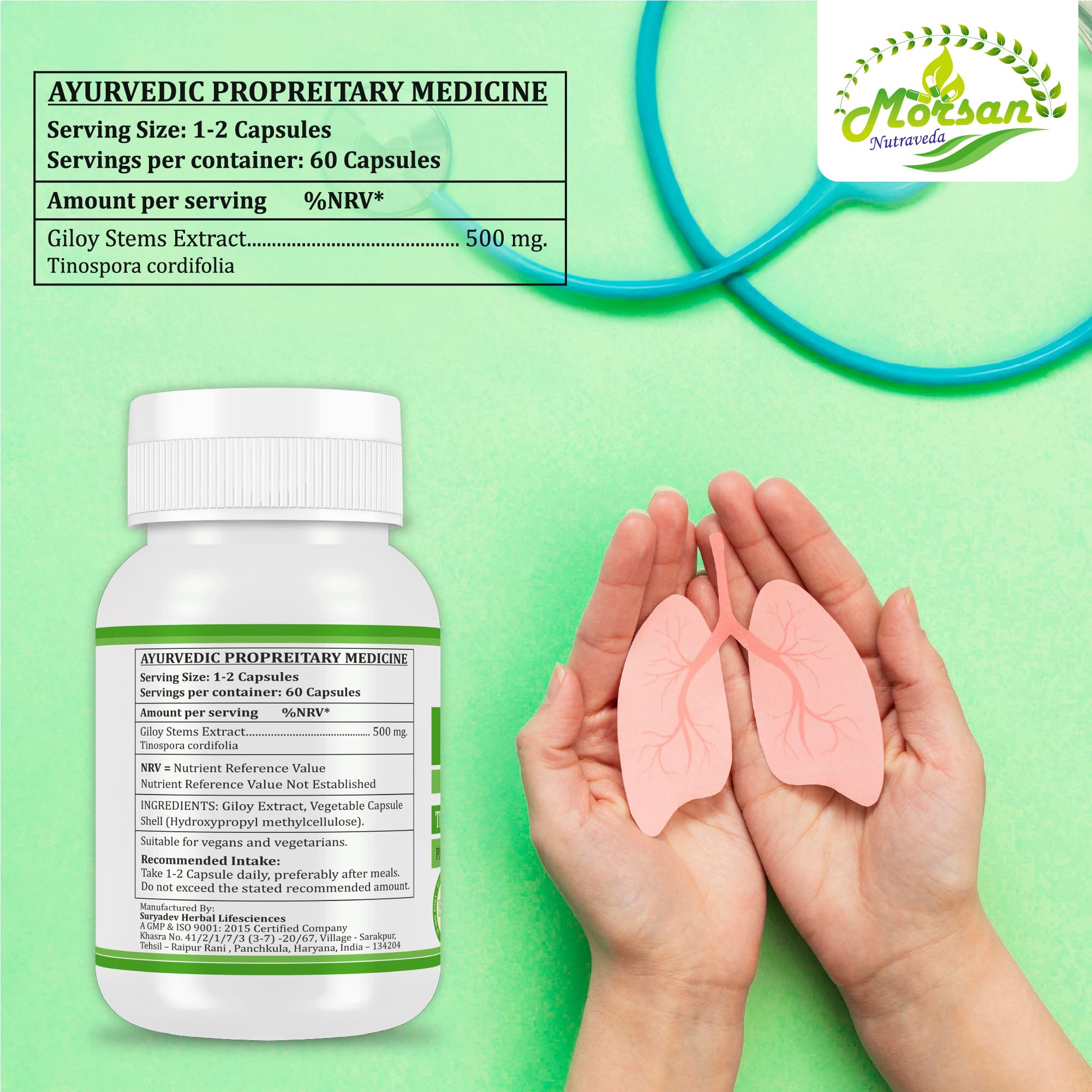 Giloy-Kapseln 500 mg. 60 Veganer. Einheiten | Guduchi (Tinospora Cordifolia) Extrakt-Kapseln für Männer und Frauen | Ayurvedische Kräuterergänzung/Heilmittel | 10:1 Stärke (2 Flasche mit 60 Kapseln)