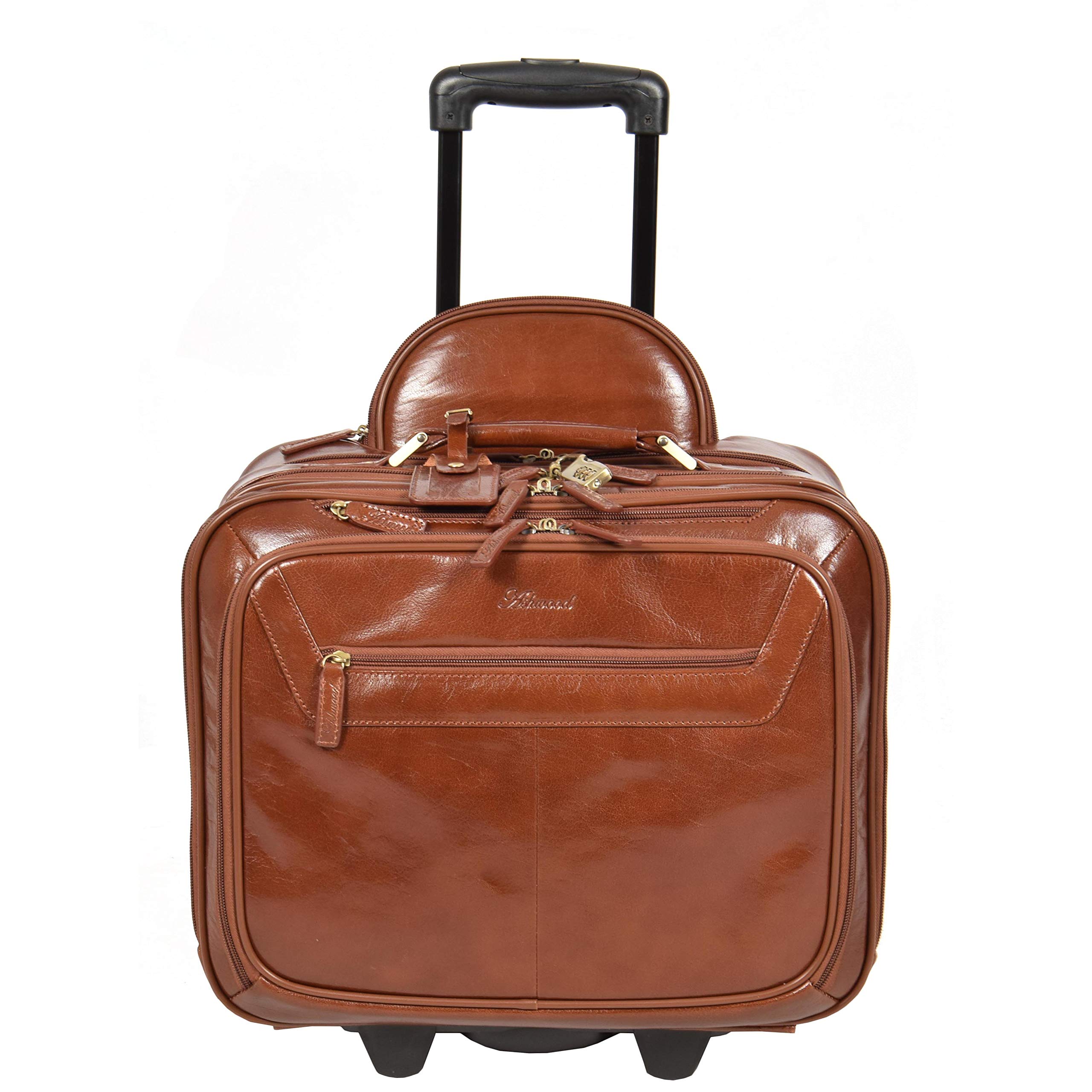 Borsa da viaggio in vera pelle con manico telescopico HOL15, castano, L, Custodia pilota con ruote