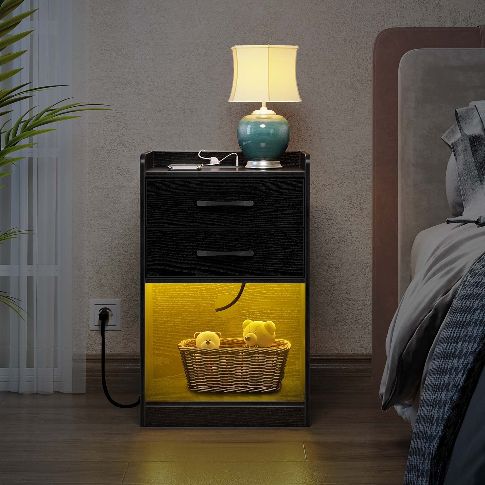 Seventable Nightstand with Charging Station and LED Lights, Modern Design End Side Table with 2 Drawers, Nightstand Storage Cabinet for Bedroom, Black