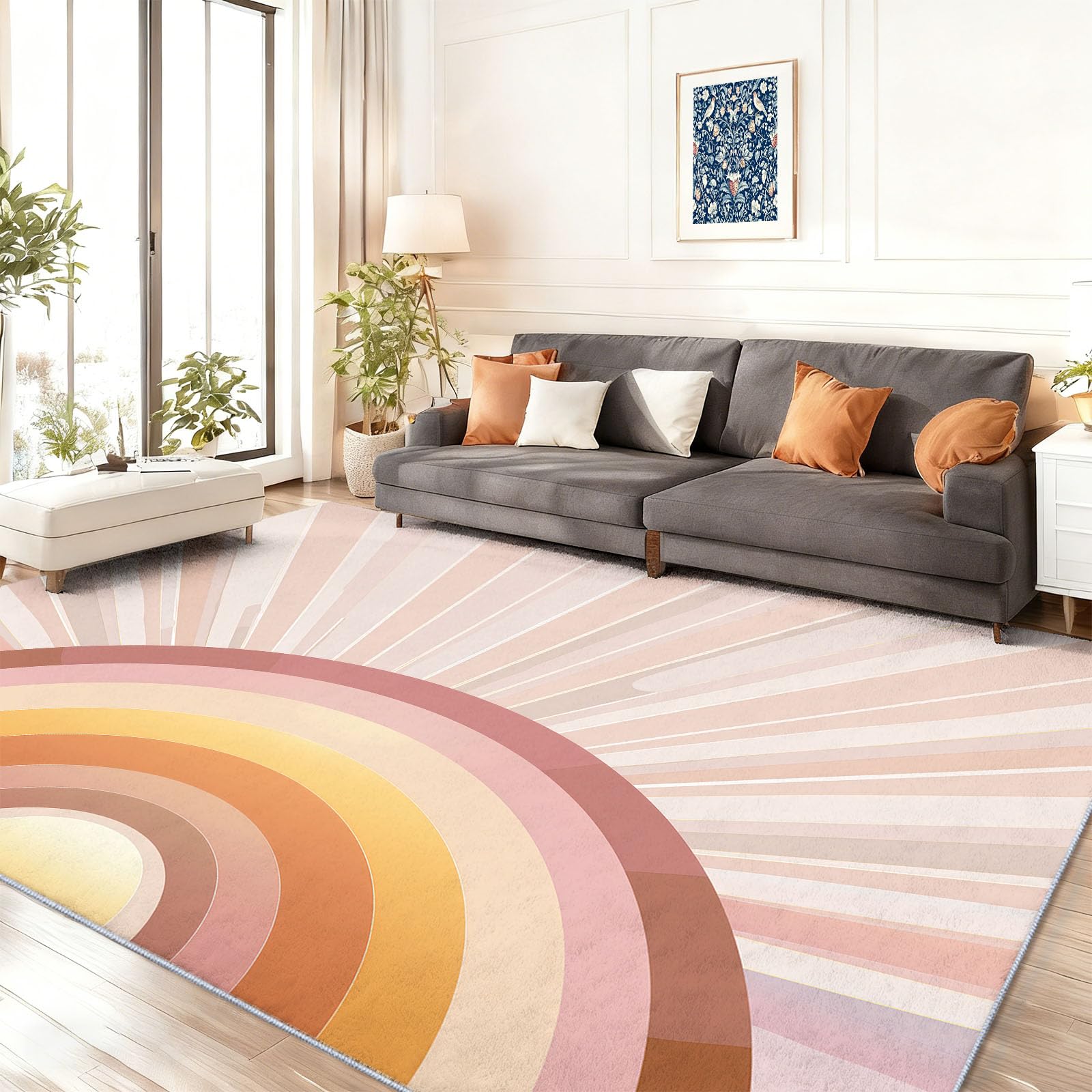 Facile d'entretien Tapis Salon Rétro Géométrique Lavable Machine, Coloré Soleil Arc en Ciel Dégradé Doux Poils Courts Tapis pour Chambre Salle à Manger, 160 x 230 cm